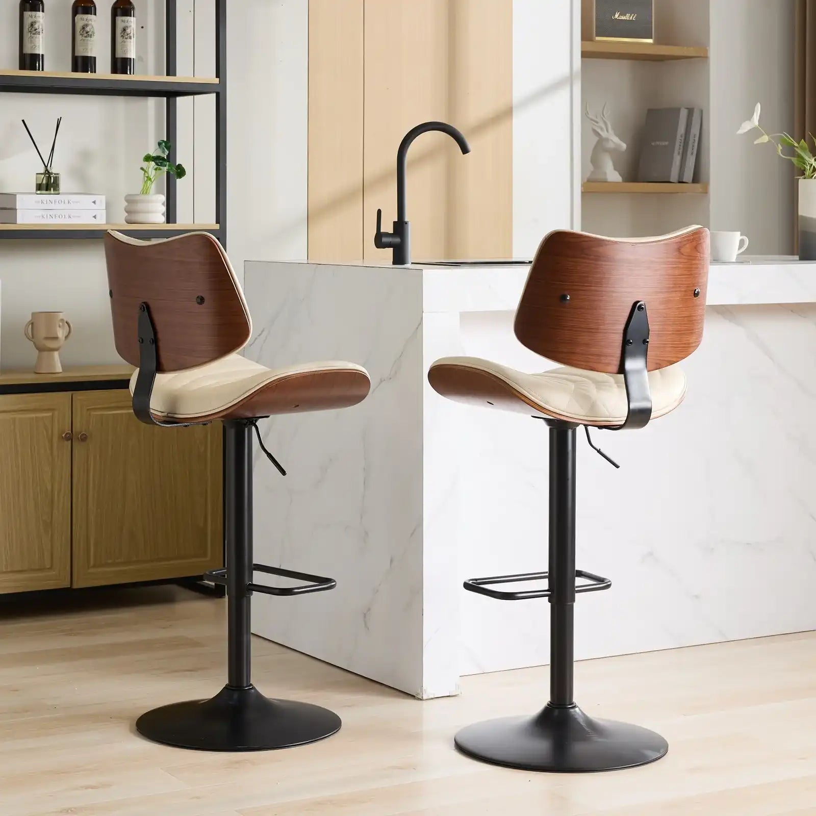Mid Century Modern Walnut Bar Stool, Adjustable Black Leather Swivel Chair, Beige - Best Buy Furniture