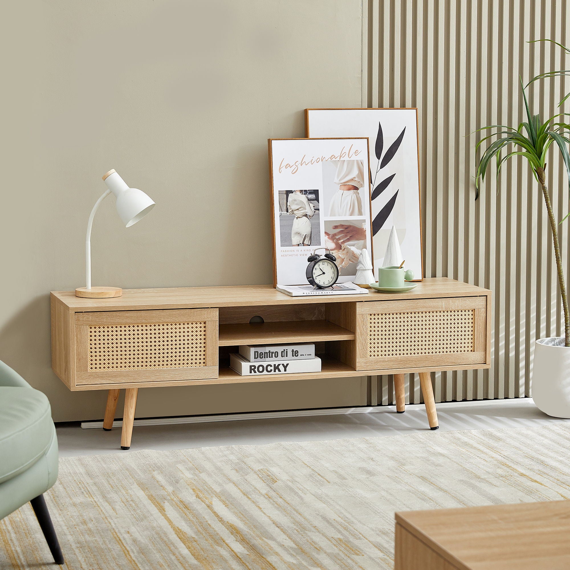 55.12" Rattan TV Cabinet, Double Sliding Doors For Storage, Adjustable Shelf, Solid Wood Legs, TV Console For Living Room - Best Buy Furniture