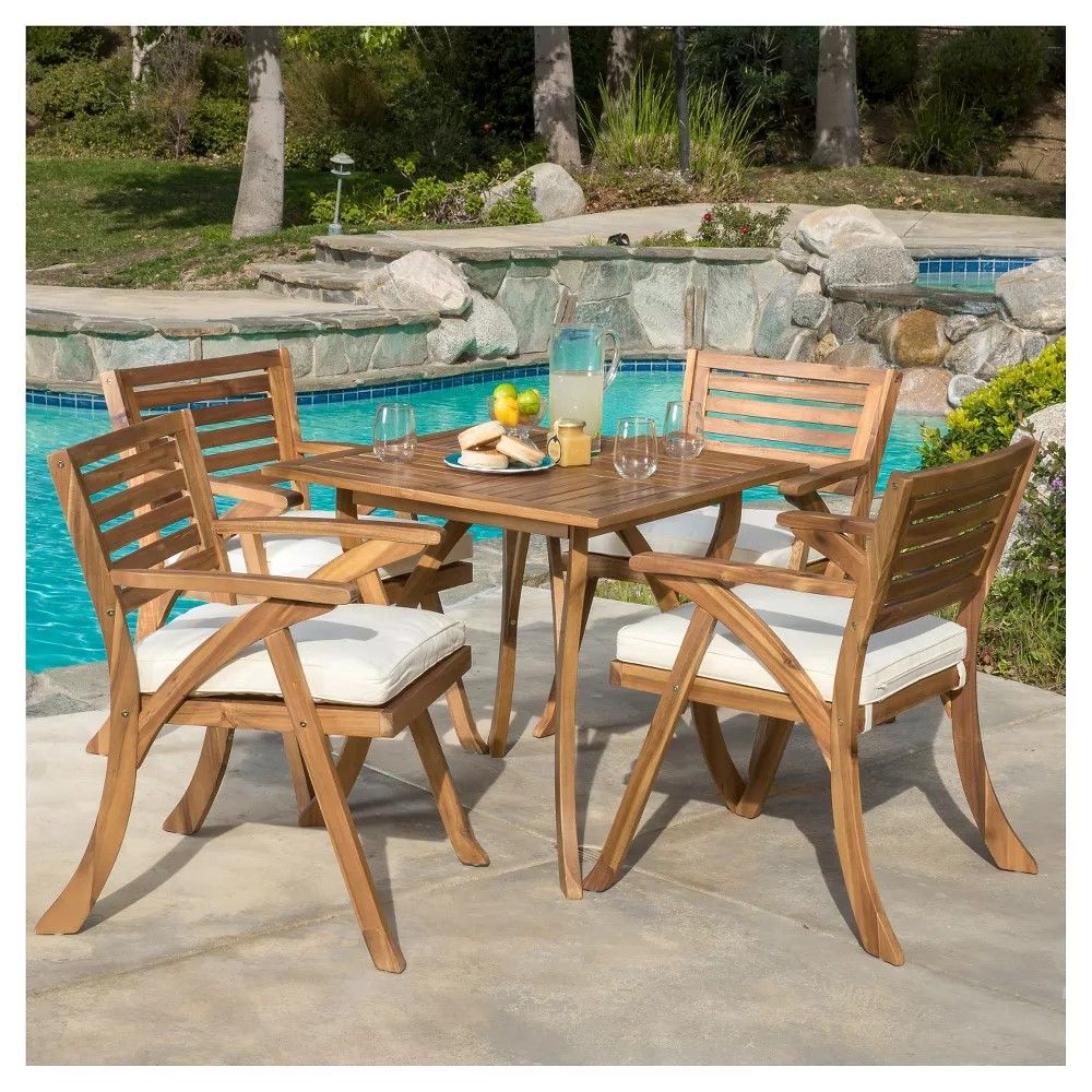 Outdoor Hermosa 5 Piece Wood Dining Set With Cushions - Teak / Beige - Best Buy Furniture