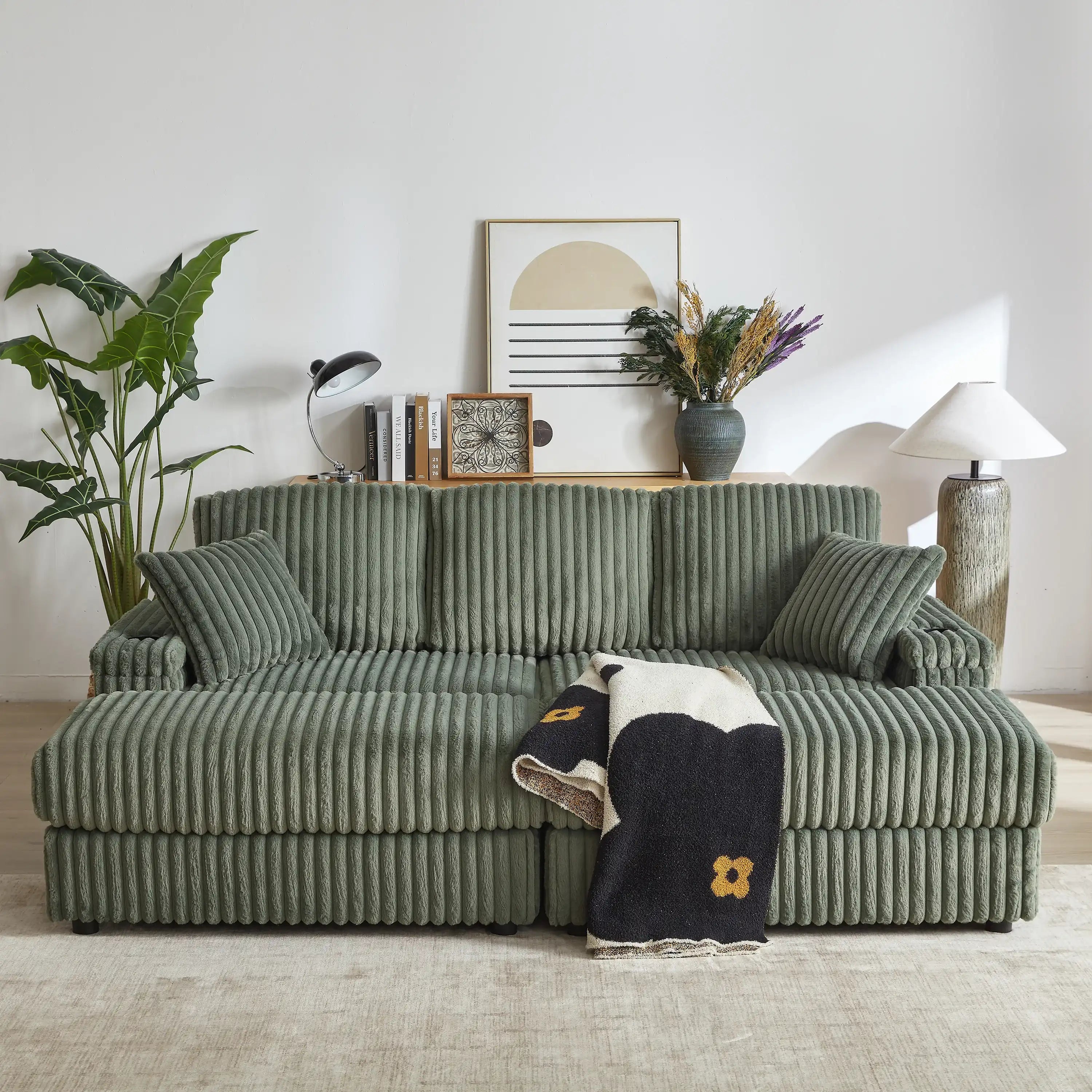 Xena Modern Corduroy Sofa With Cupholders with Storage And Ottomans - Best Buy Furniture