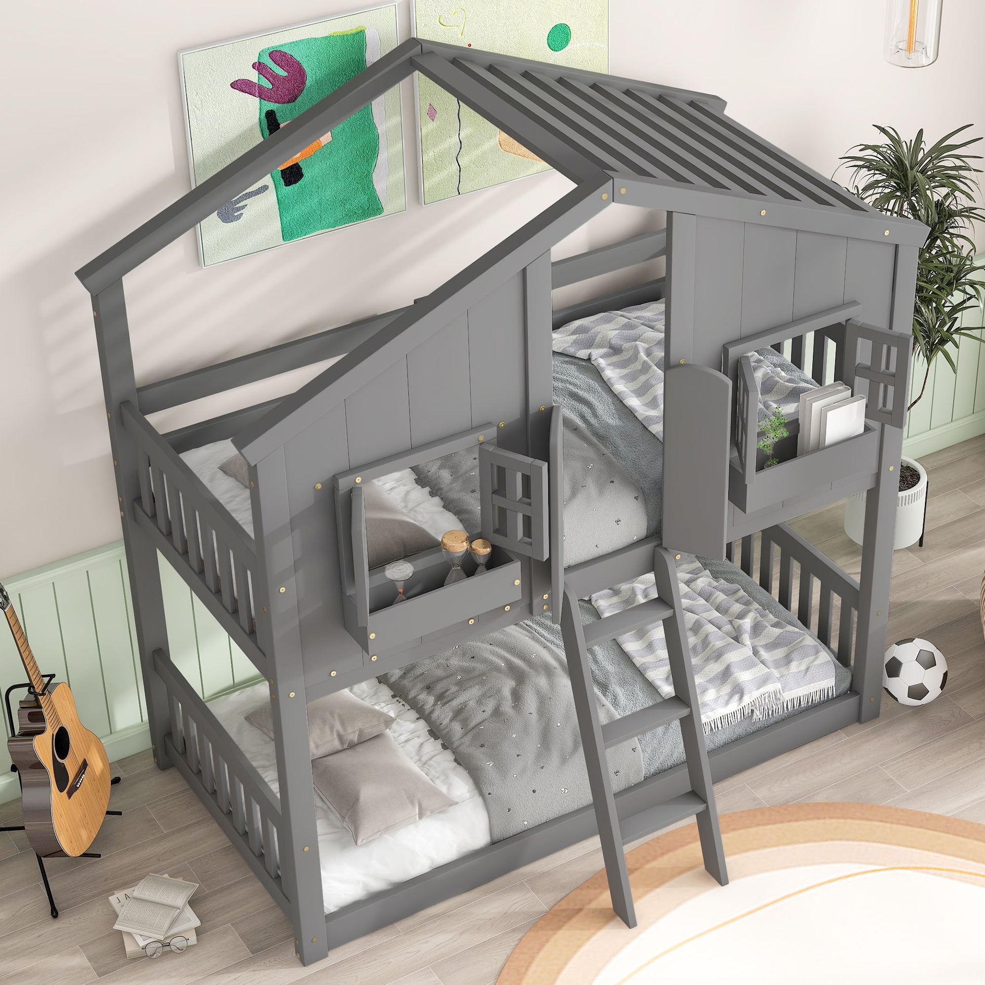 House Bunk Bed With Roof, Window, Window Box, Door, With Safety Guardrails And Ladder - Best Buy Furniture
