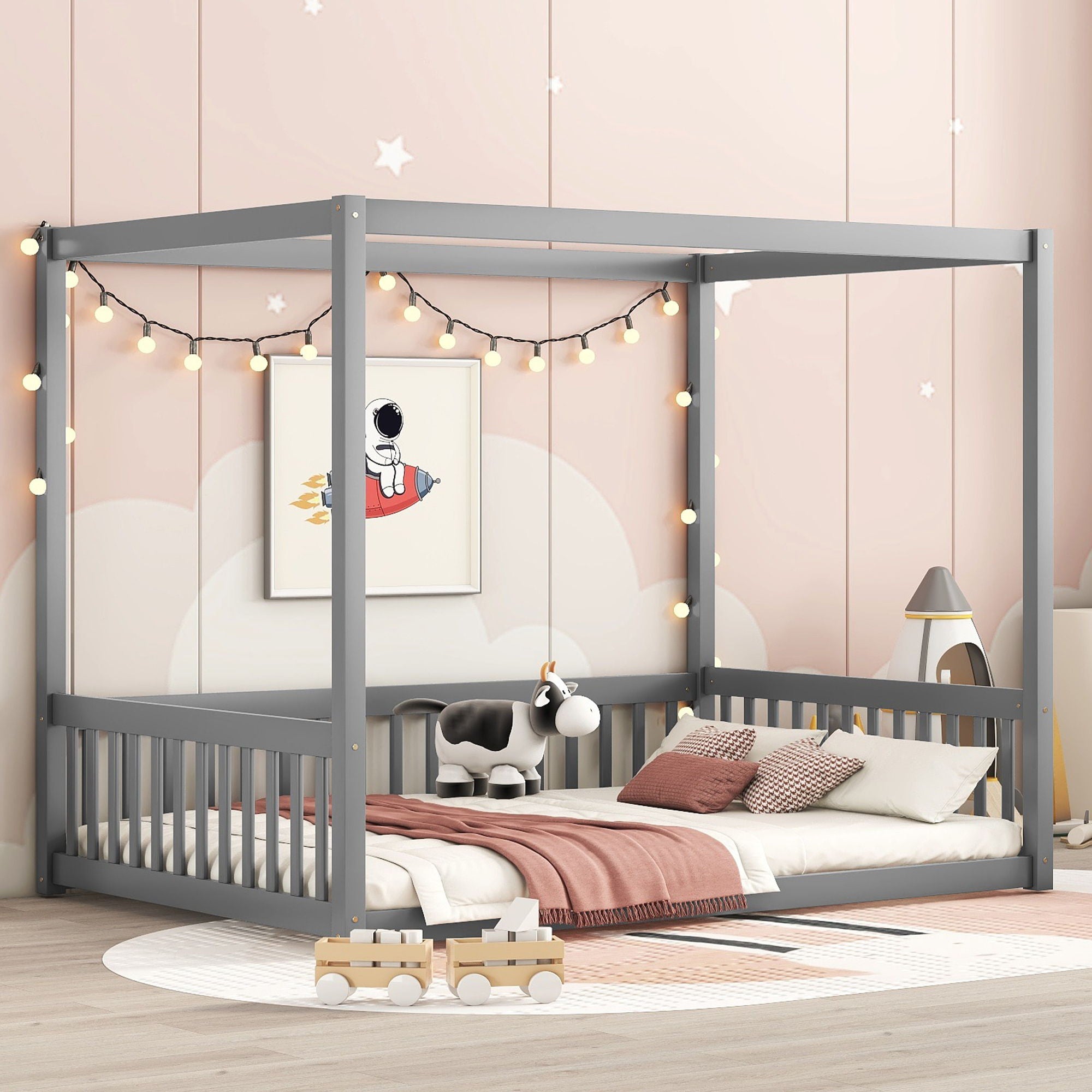 Canopy Frame Floor Bed With Fence, Guardrails - Best Buy Furniture