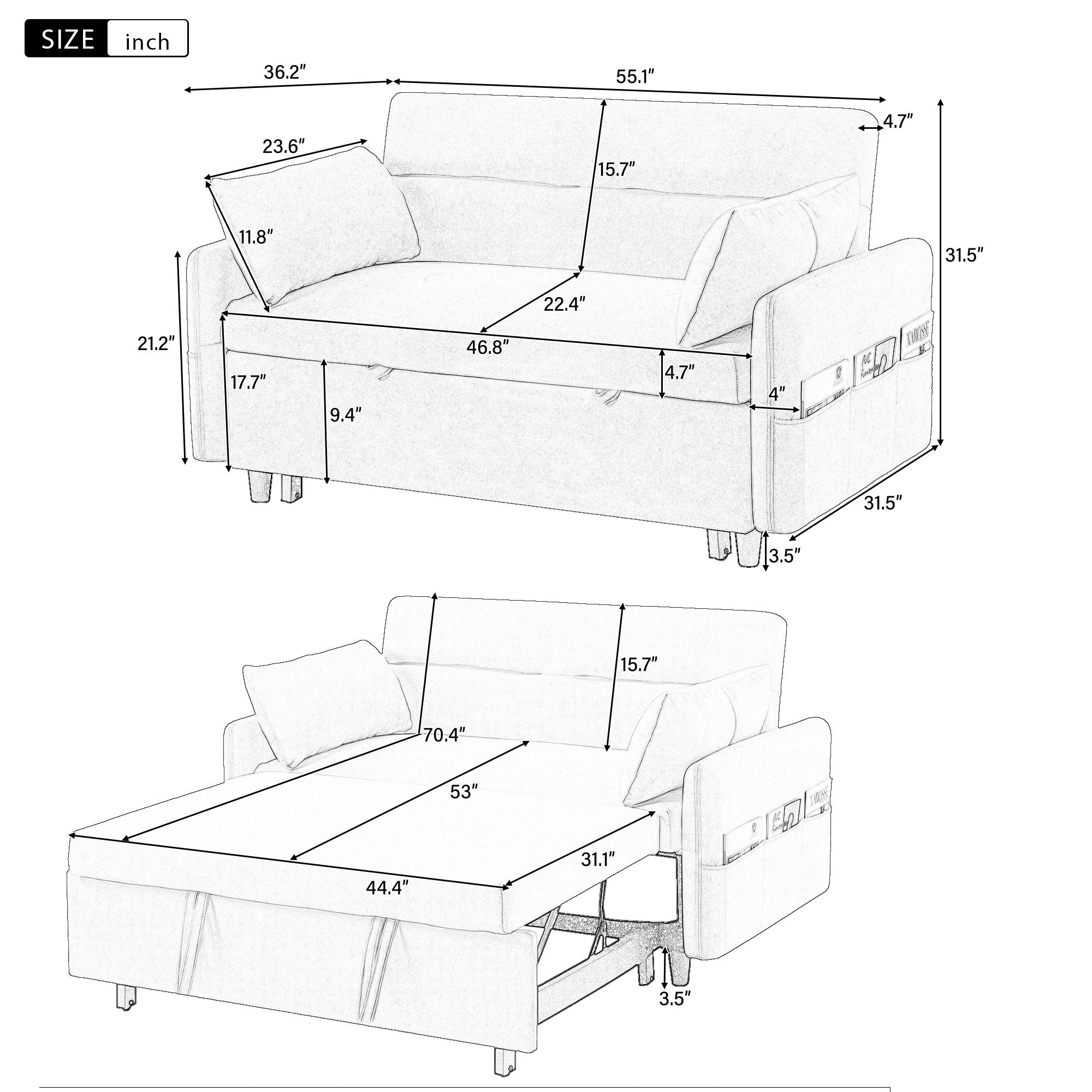 Pull Out Sleep Sofa Bed Loveseats Sofa Couch With Adjsutable Backrest, Storage Pockets, 2 Soft Pillows, USB Ports For Living Room, Bedroom, Apartment, Office - Best Buy Furniture