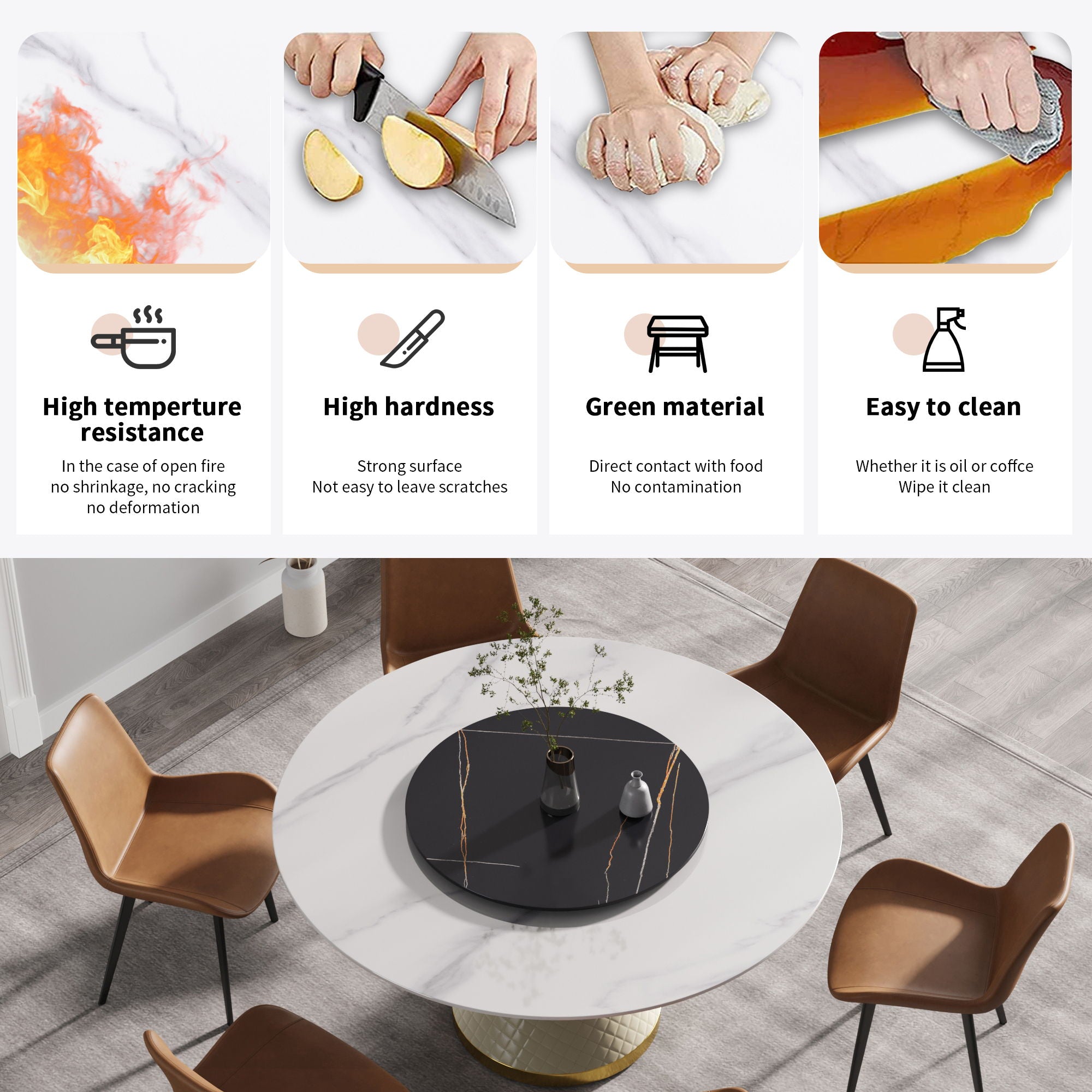 Modern Artificial Stone Round Carbon Steel Base Dining Table, Artificial Stone Turntable - Best Buy Furniture