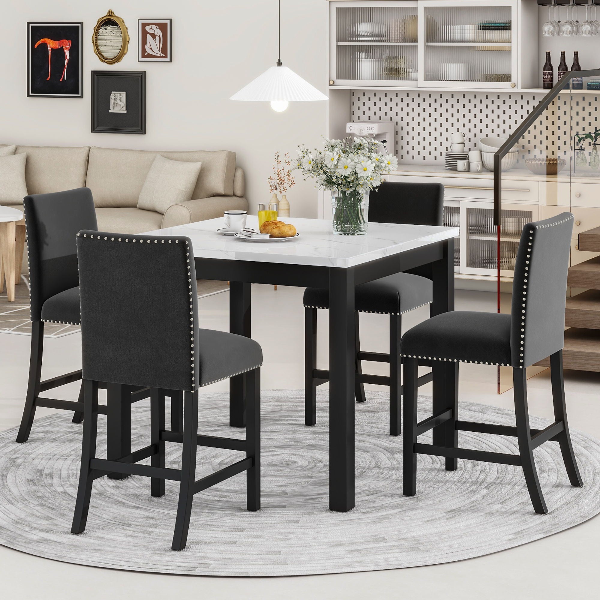 5-Piece Counter Height Dining Table Set With One Faux Marble Top Dining Table And Four Velvet Upholstered Chairs - Best Buy Furniture