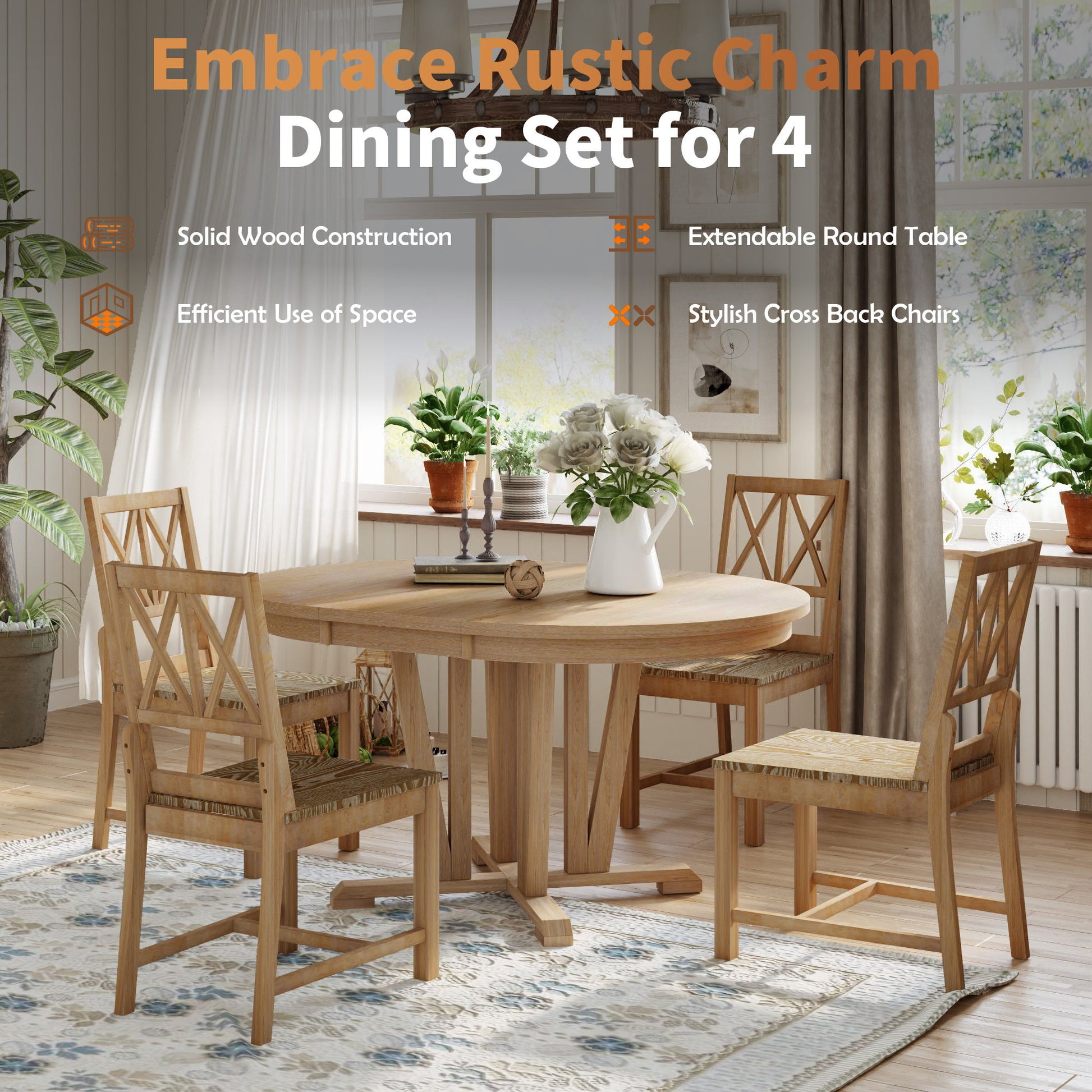 Topmax - 5 Piece Rustic Extendable Dining Table Set Round Trestle Table And 4 Cross Back Dining Chairs For Kitchen, Dining Room - Best Buy Furniture