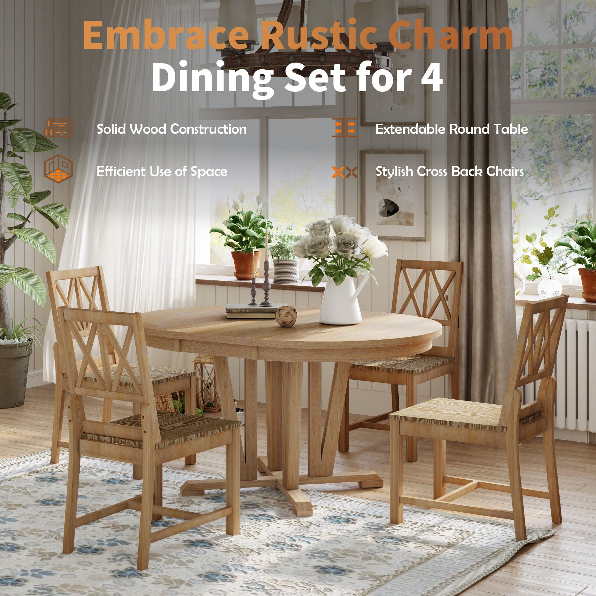 Topmax - 5 Piece Rustic Extendable Dining Table Set Round Trestle Table And 4 Cross Back Dining Chairs For Kitchen, Dining Room - Best Buy Furniture