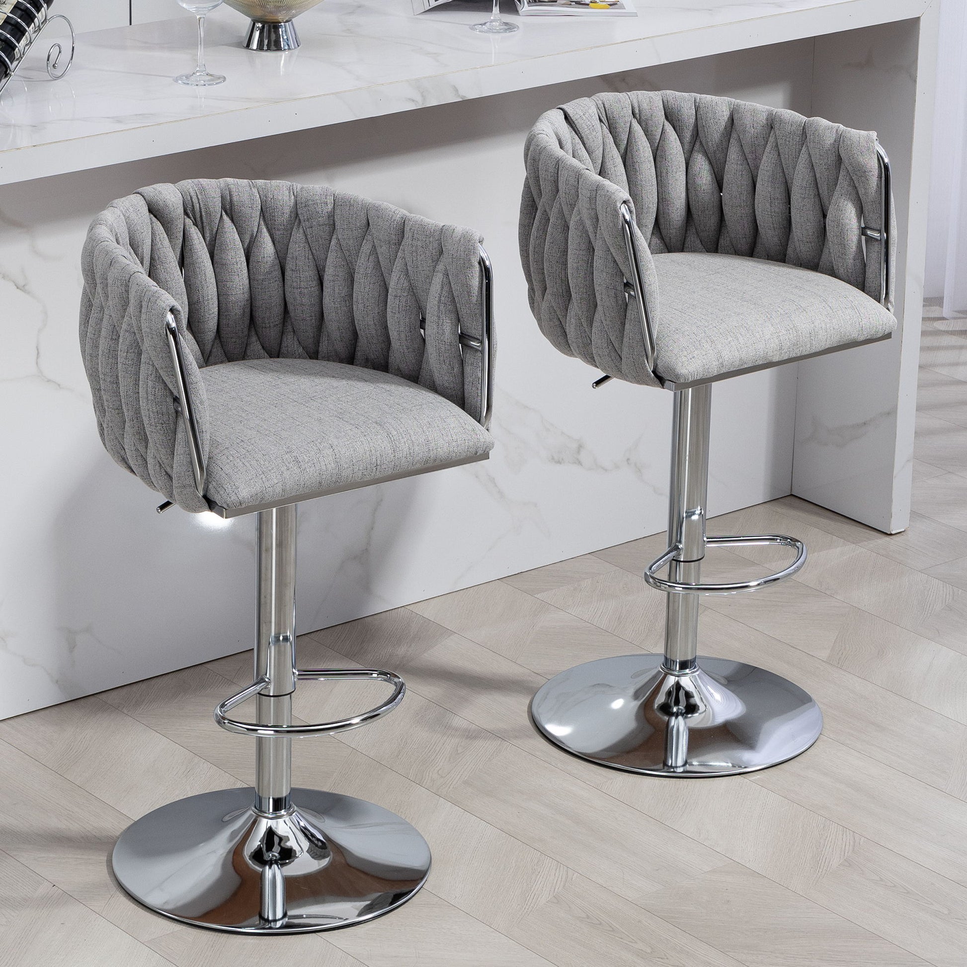360 Degree Swivel Bar Stools Adjustable Counter Height Bar Chairs With Woven Back & Footrest, Silver Chromed Bar Stools For Kitchen Island (Set of 2) - Gray - Best Buy Furniture