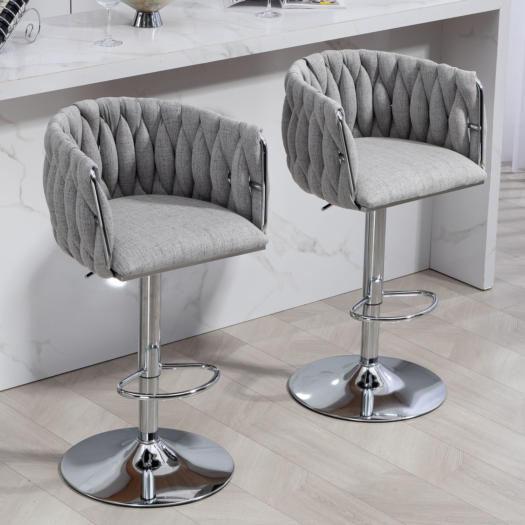 360 Degree Swivel Bar Stools Adjustable Counter Height Bar Chairs With Woven Back & Footrest, Silver Chromed Bar Stools For Kitchen Island (Set of 2) - Gray - Best Buy Furniture