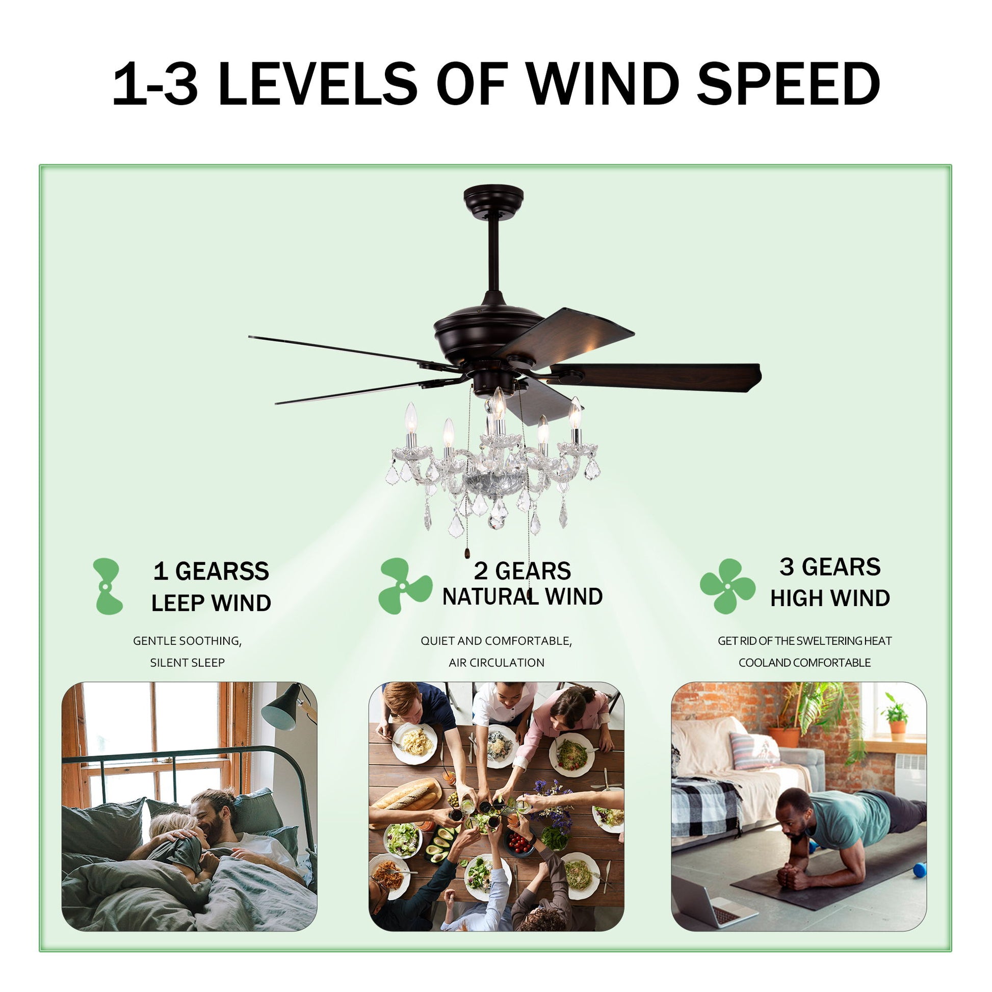 52" Crystal Shade Ceiling Fan Lamp, 3 Speed, 4 Timing, 5 Reversible Blades Crystal Ceiling Fan, 5 Pieces X E12 (No Include Bulb), Hand Pull Chain - Matte Black - Best Buy Furniture