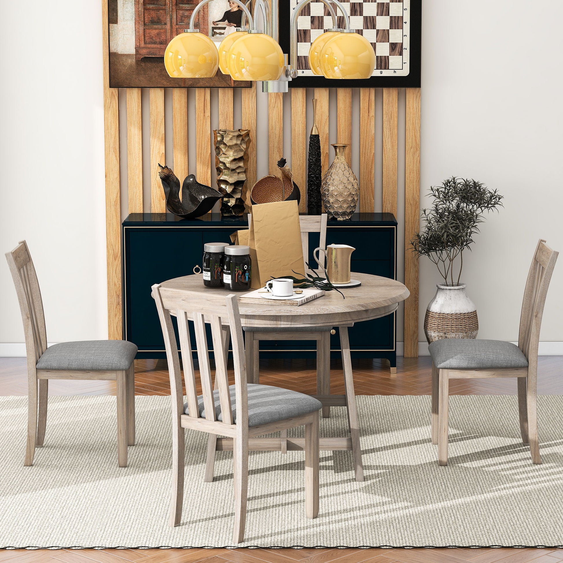 5 Piece Wood Dining Table Set With Extendable Round Table And 4 Chairs - Best Buy Furniture