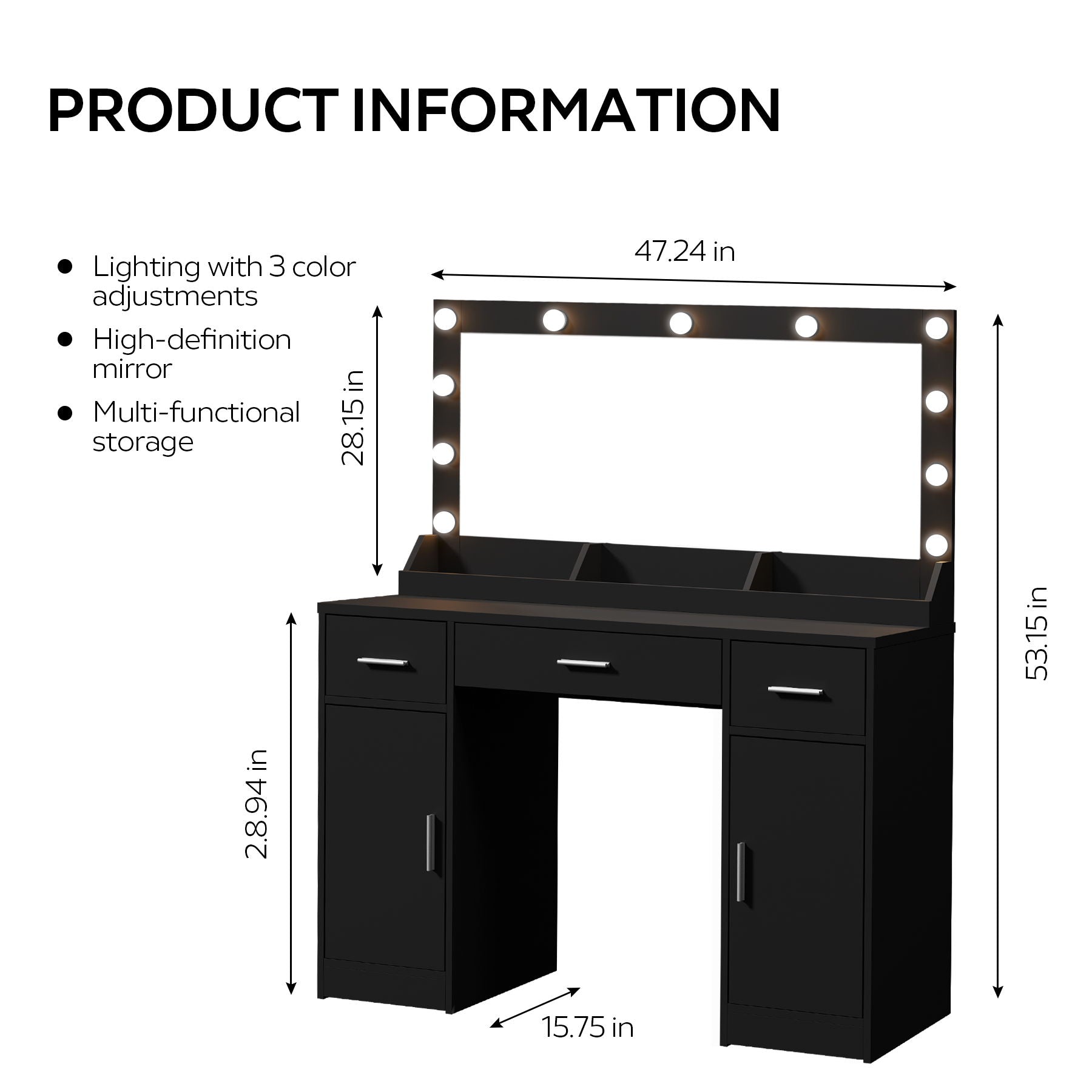 Vanity Desk With Large Mirror, 3 Colour Lighting Modes, Adjustable Brightness, Dresser With 3 Drawers & 2 Vertical Cabinets, Makeup Vanity Table For Women & Girls - Best Buy Furniture