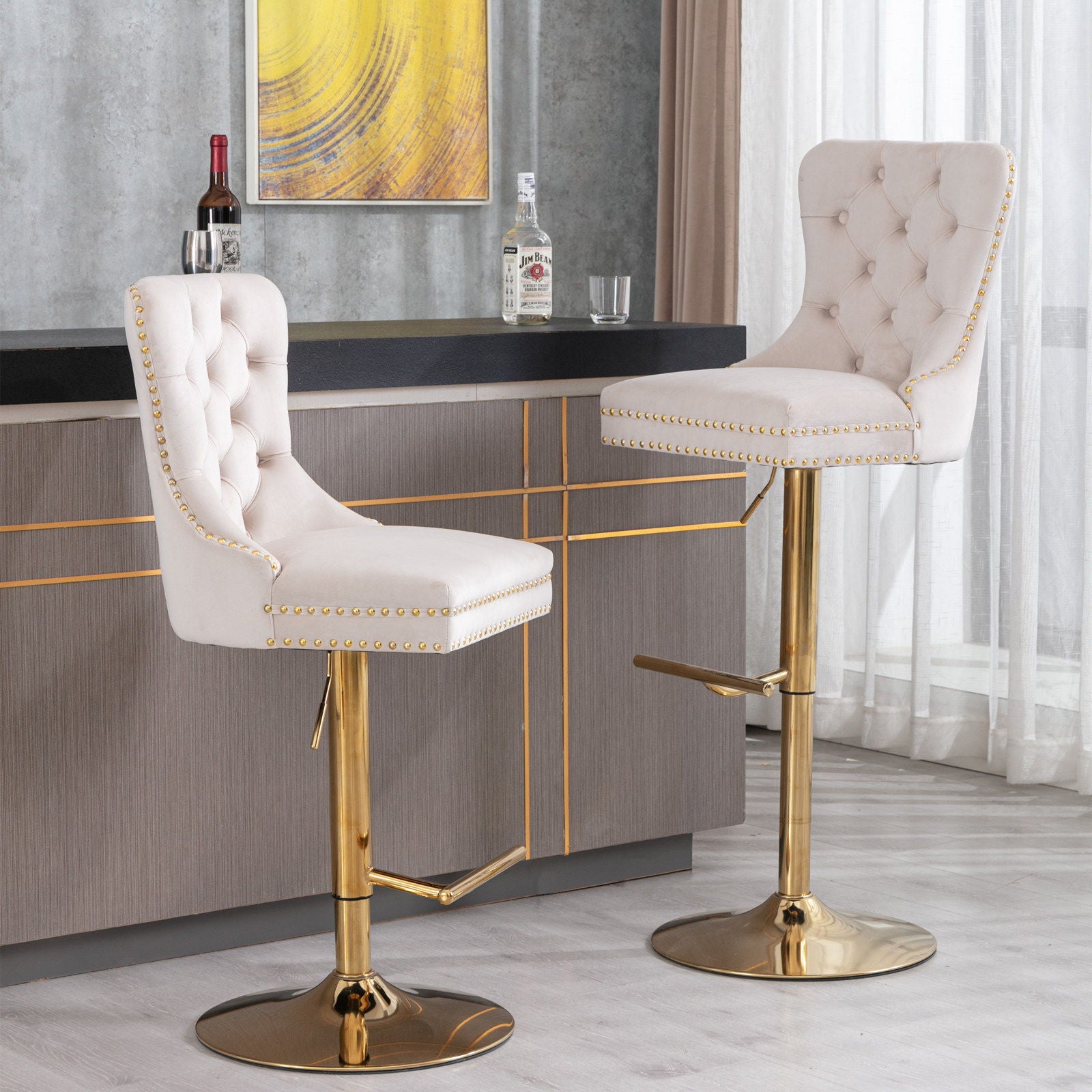 Thick Golden Swivel Velvet Barstools Adjusatble Seat Height From 25-33", Modern Upholstered Bar Stools With Backs Comfortable Tufted For Home Pub And Kitchen Island (Set of 2) - Best Buy Furniture