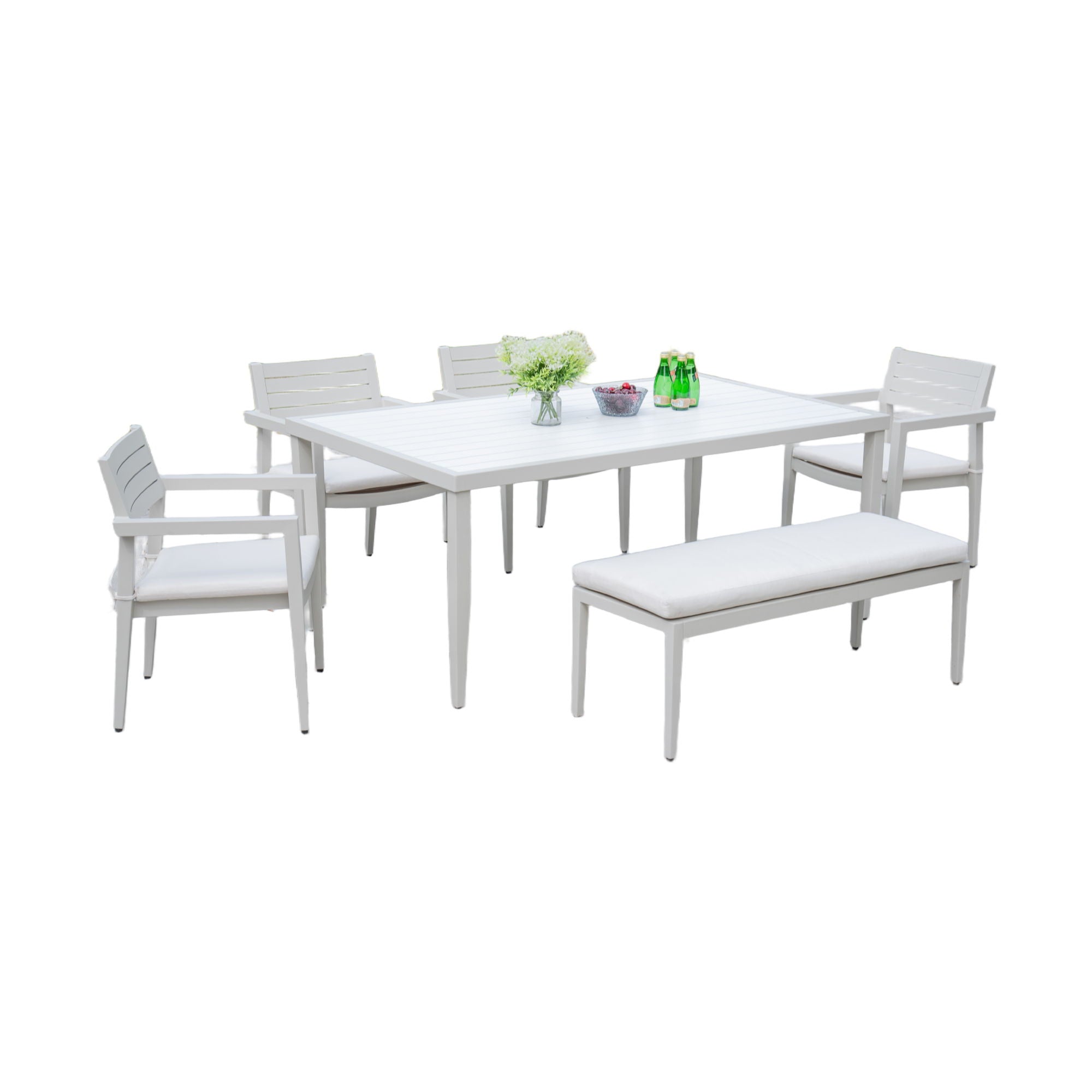 6 Piece Dining Set Modern Outdoor Patio Furniture, 4 Dining Chairs & 1 Dining Bench Sunbrella Fabric And 2 Tone Rectangle Table With Umbrella Hole - Matte White / Grayish - Best Buy Furniture