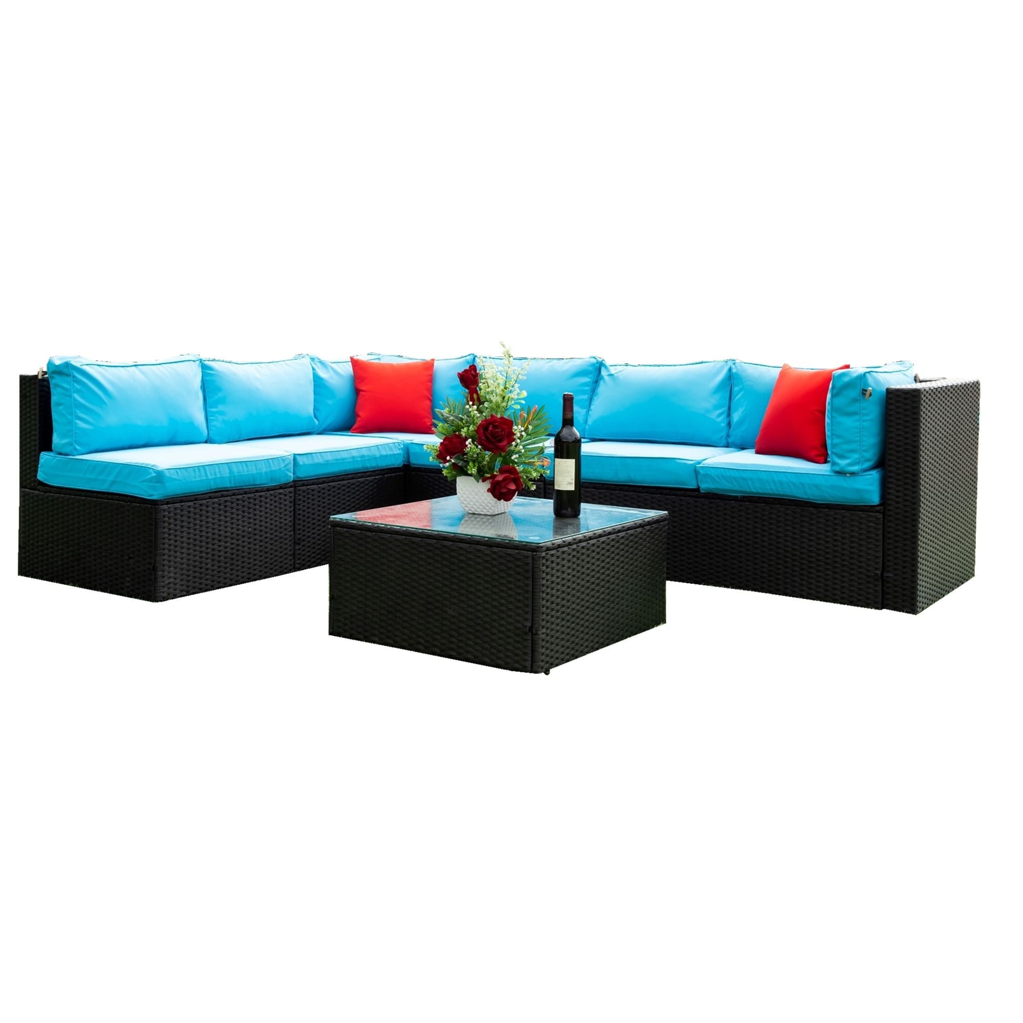 5 Pieces Rattan Sectional Outdoor Furniture Cushioned U Sof Set With 2 Pillow - Black / Blue - Best Buy Furniture
