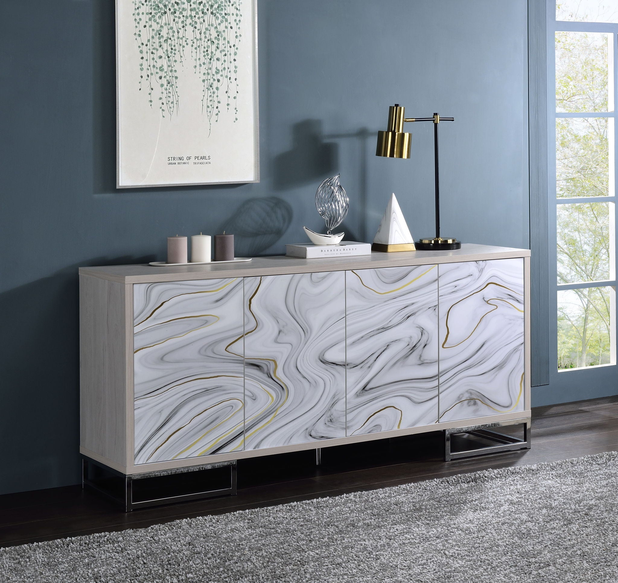 Panos - Console Cabinet - White Marcle / Chrome - Best Buy Furniture