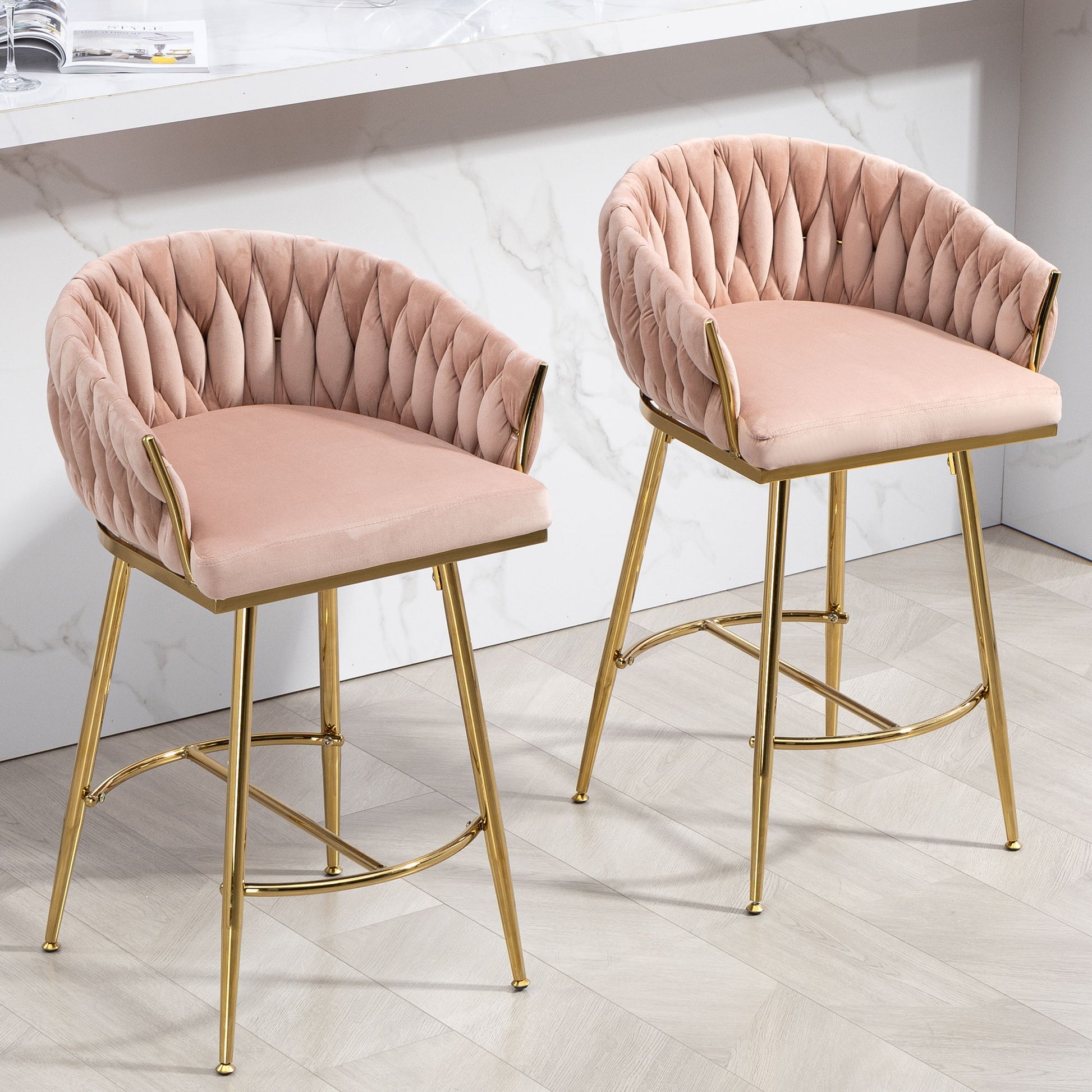 Counter Height Bar Stools Kitchen Island Counter Bar Stool With Hand - Wave Back, Golden Chromed Base And Footrest (Set of 2) - Pink - Best Buy Furniture