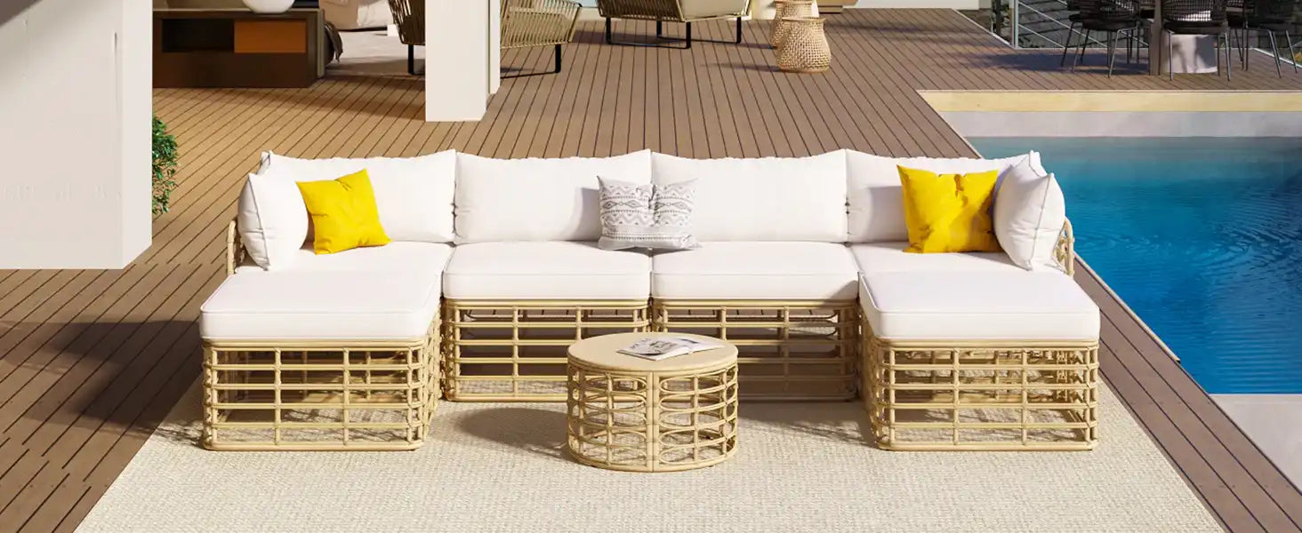 7 Piece Rattan Sectional Sofa Set, Outdoor Patio Furniture, Beige - Best Buy Furniture
