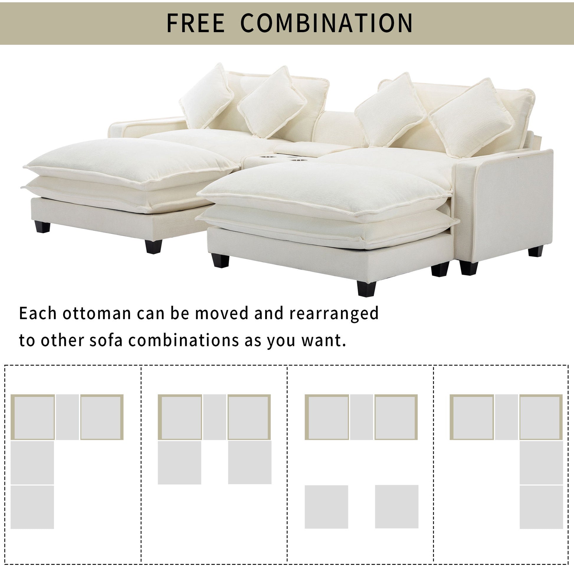 Sectional Sofa Chenille Upholstered Sofa With Two Removable Ottoman, Two USB Ports, Two Cup Holders And Large Storage Box For Living Room - Best Buy Furniture