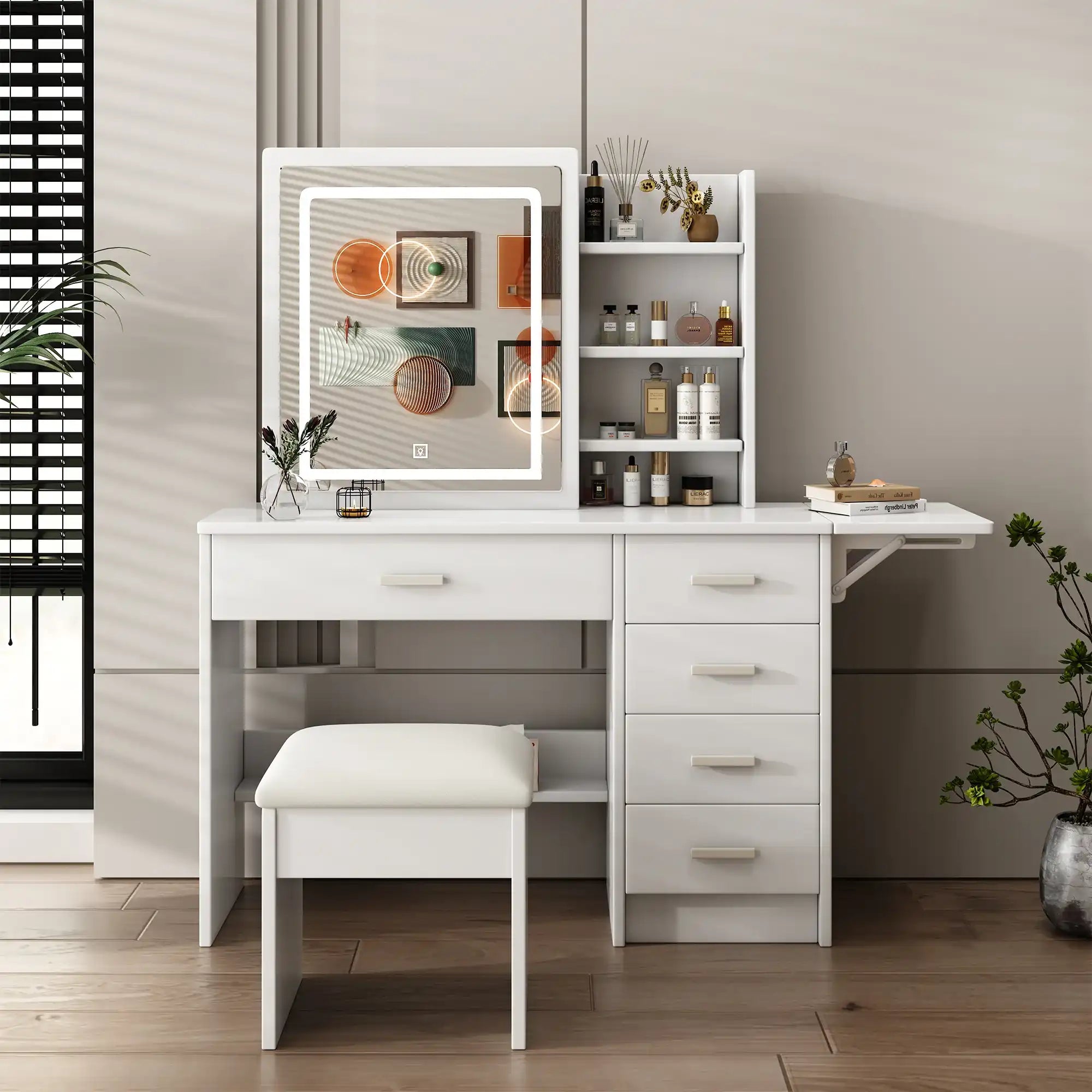 Vanity Desk Set with Mirror and Lights, 5 Drawers, White - Best Buy Furniture
