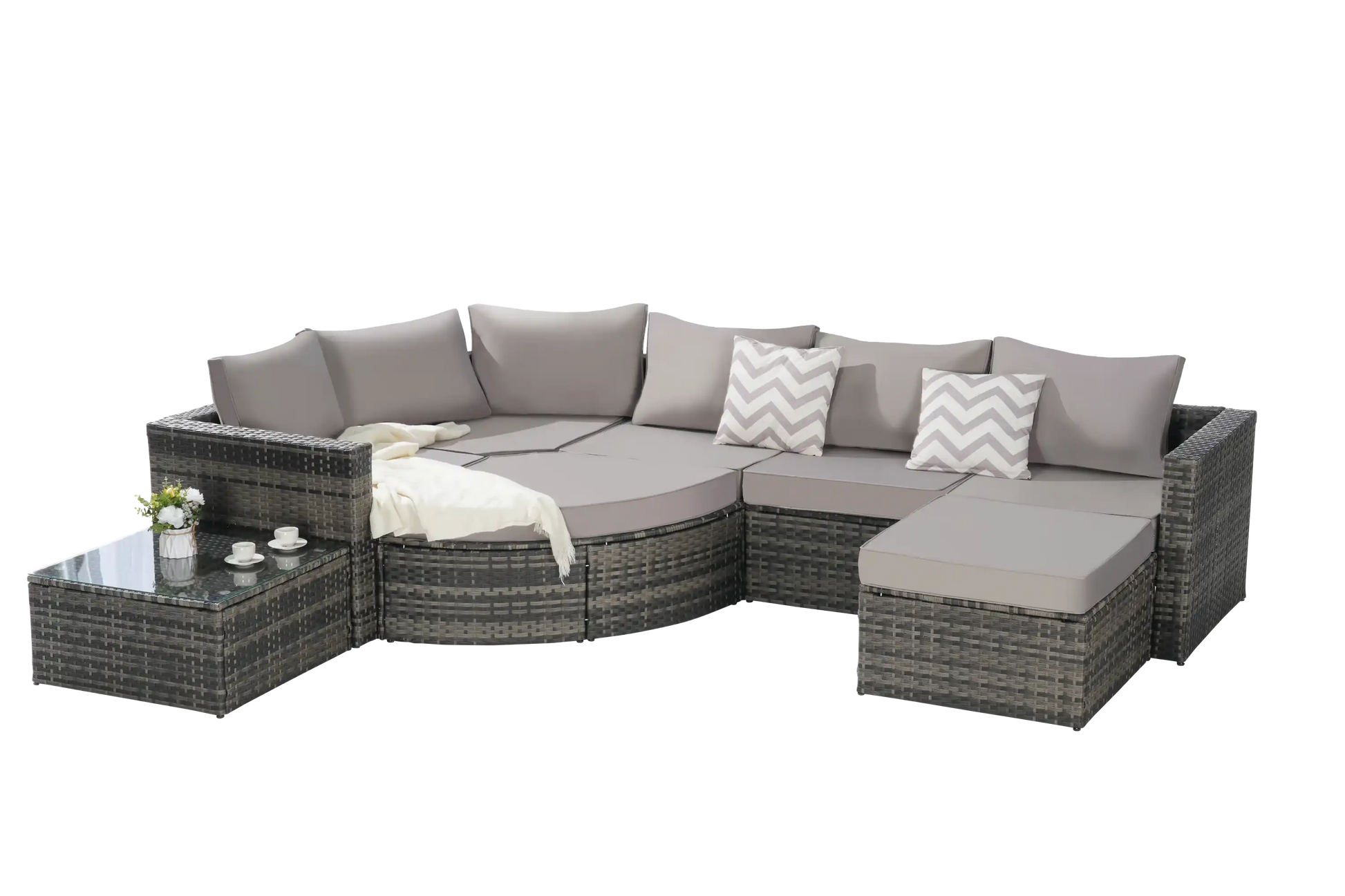 8 Piece L- Shaped Outdoor Patio Sofa Set with Ottoman & Glass Top Table - Best Buy Furniture