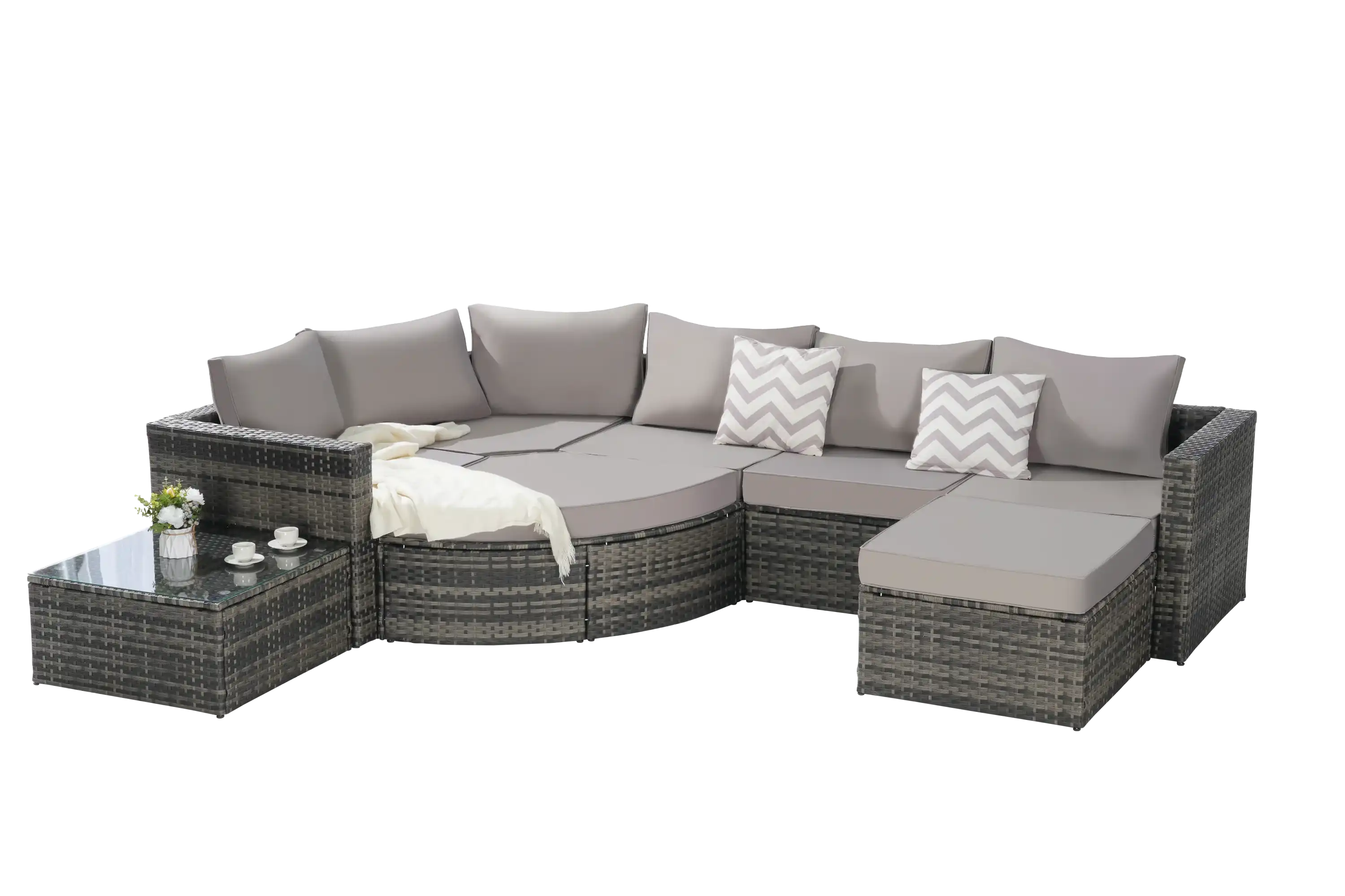 8 Piece L- Shaped Outdoor Patio Sofa Set with Ottoman & Glass Top Table - Best Buy Furniture