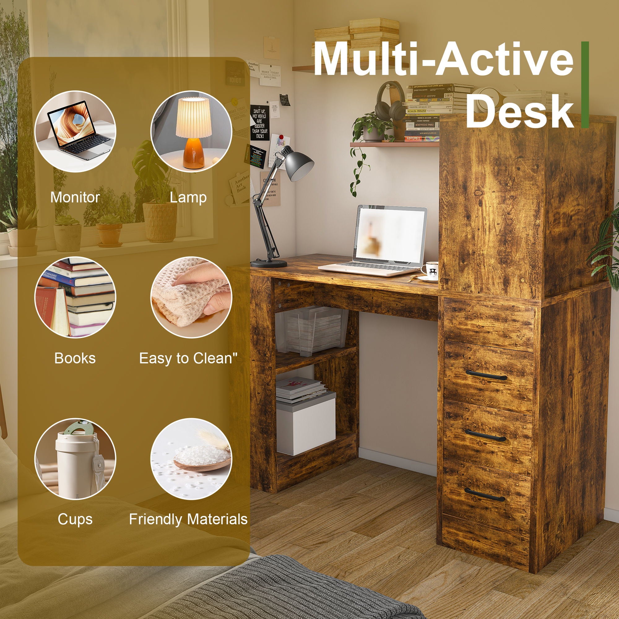 Computer Desk With 4 In 1 Socket & 3 Drawers, 4 Tier Shelves