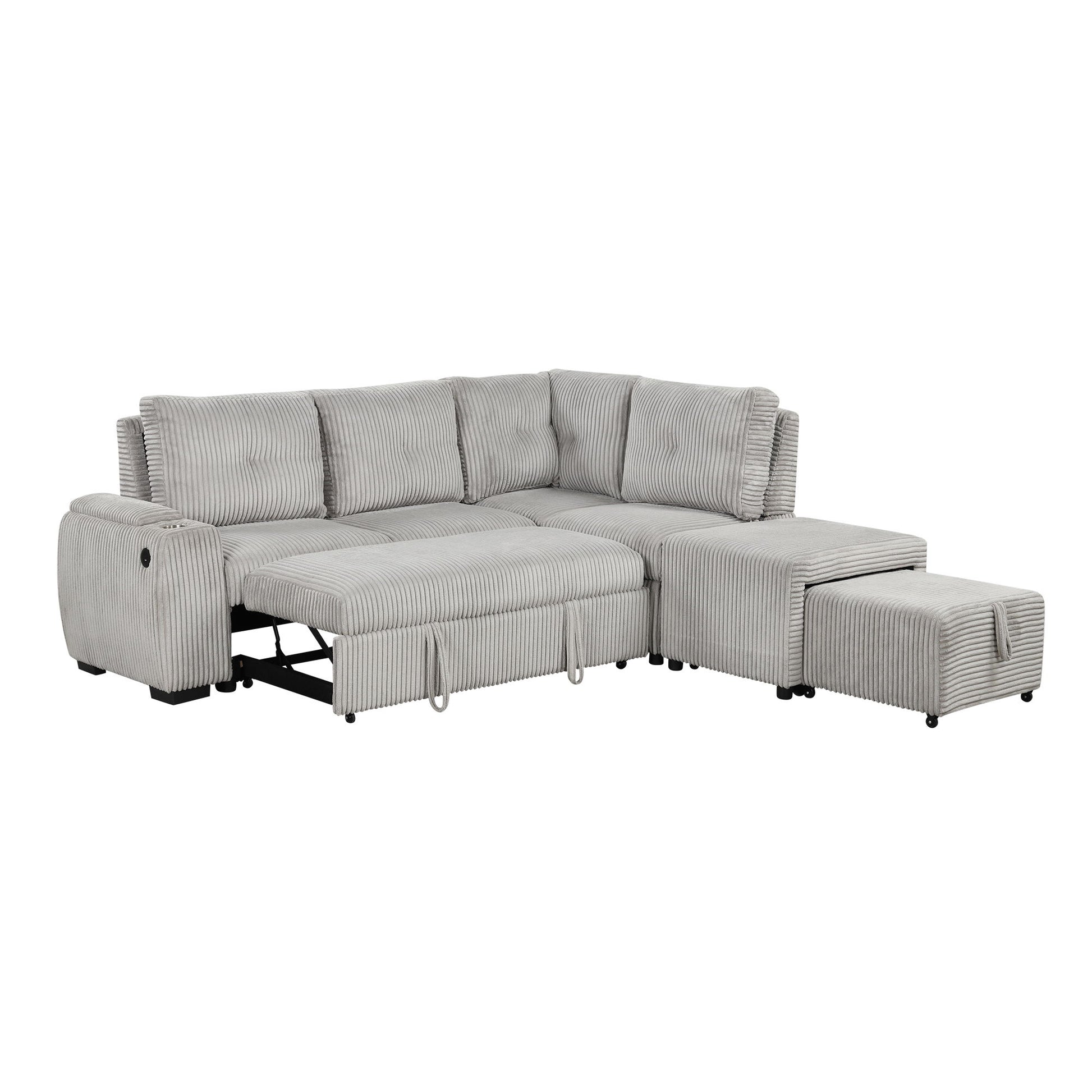 Pull-Out L-Shaped Sectional Sofa With Movable Ottoman And Stool, Large Storage Space, A Cup Holder, And 2 USB Ports For Living Room - Best Buy Furniture