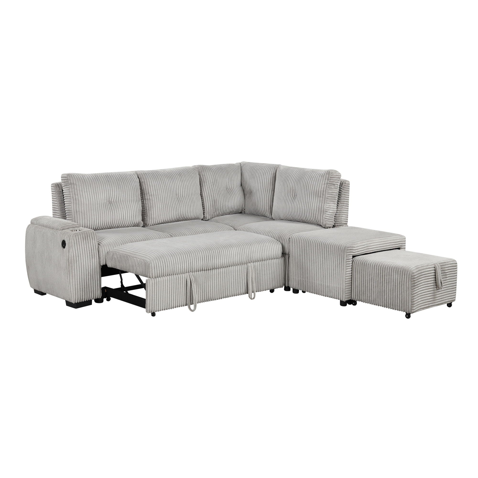 Pull-Out L-Shaped Sectional Sofa With Movable Ottoman And Stool, Large Storage Space, A Cup Holder, And 2 USB Ports For Living Room - Best Buy Furniture