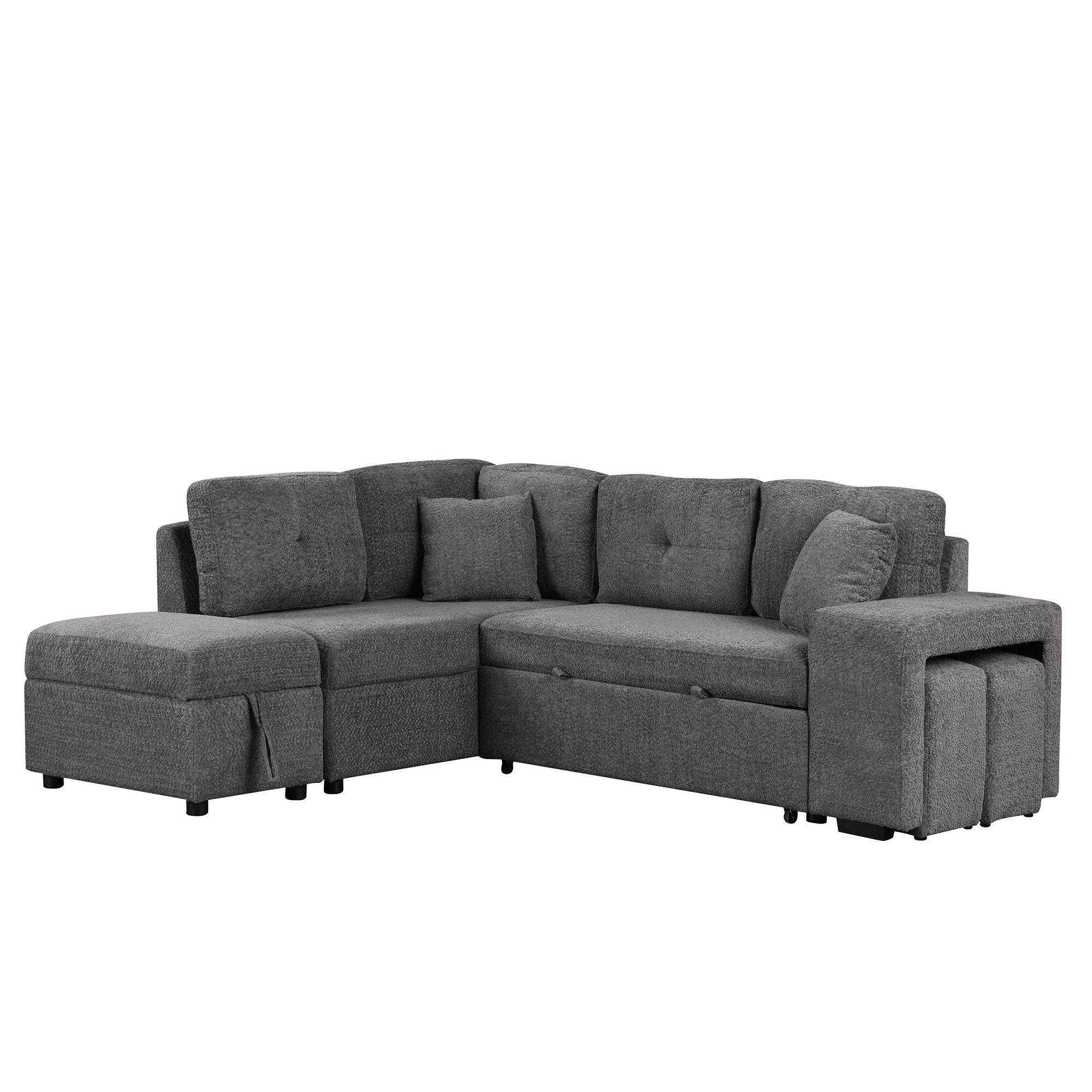 Convertible Sleeper, Sectional Pull Out Sofa Bed With Storage Ottoman, 2 Throw Pillows, 2 Stools, Wireless Charger And Two Hidden USB Ports For Living Room - Best Buy Furniture