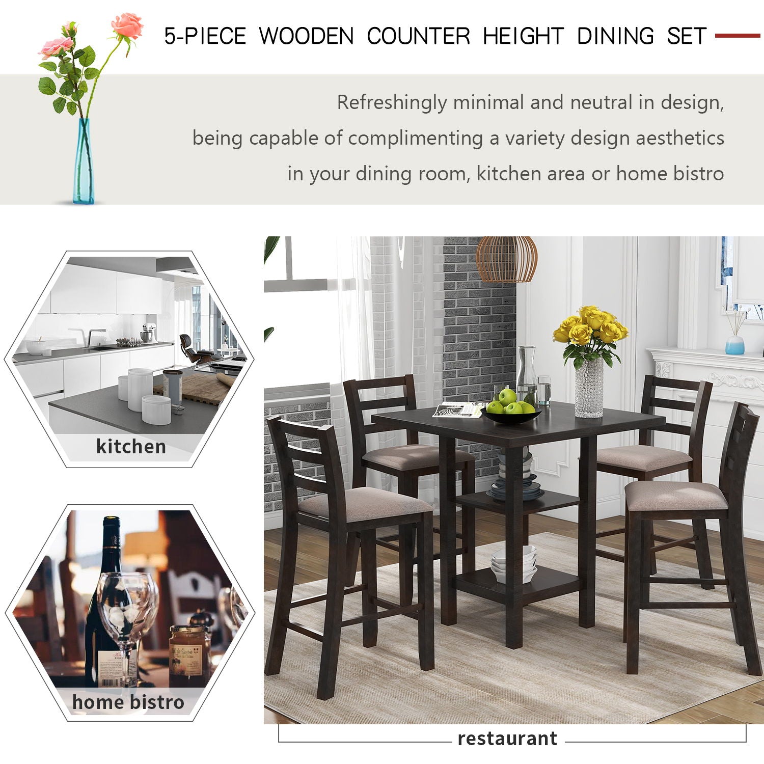 5 Piece Wooden Counter Height Dining Set With Padded Chairs, Storage Shelving - Best Buy Furniture