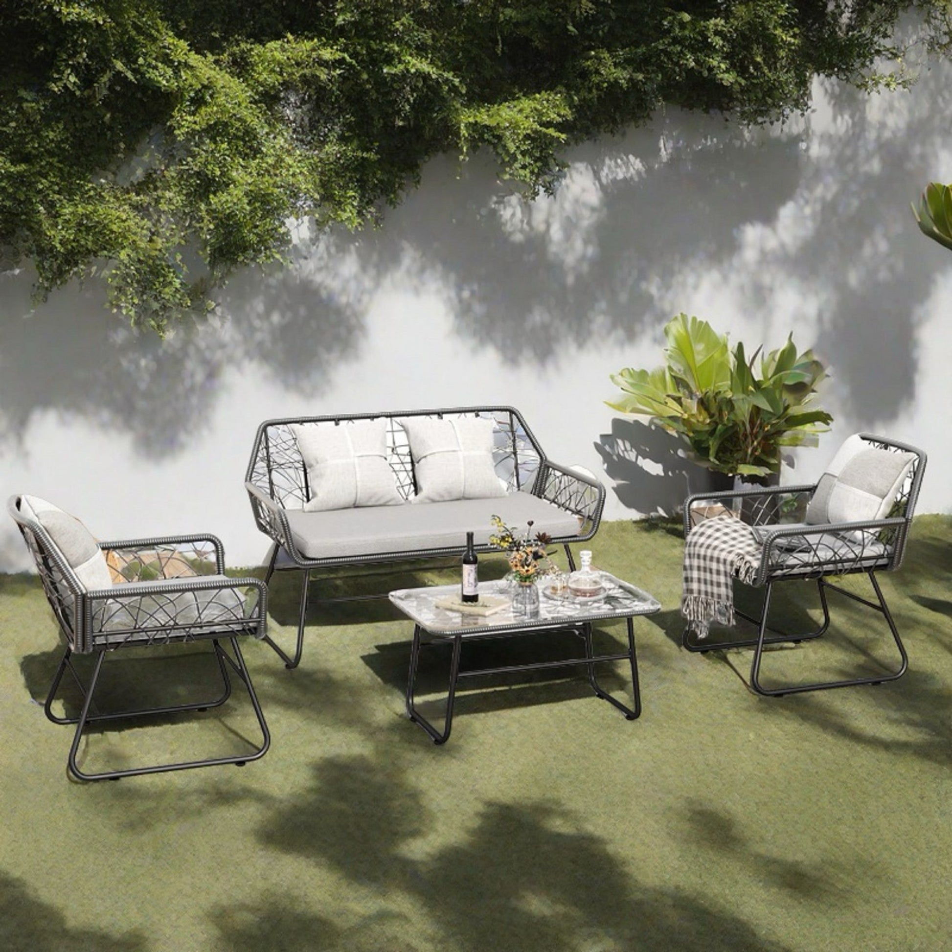 4 Piece Wicker Patio Furniture Set With Tempered Glass Table And Detachable Cushions - Best Buy Furniture