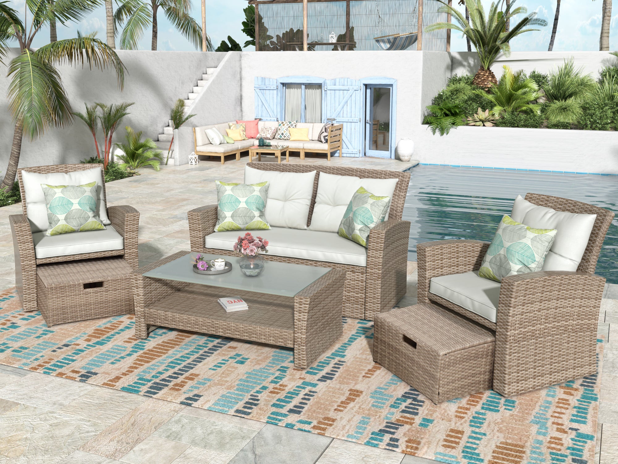 U-style Patio Furniture Set, 4 Piece Outdoor Conversation Set All Weather Wicker Sectional Sofa with Ottoman and Cushions - Best Buy Furniture