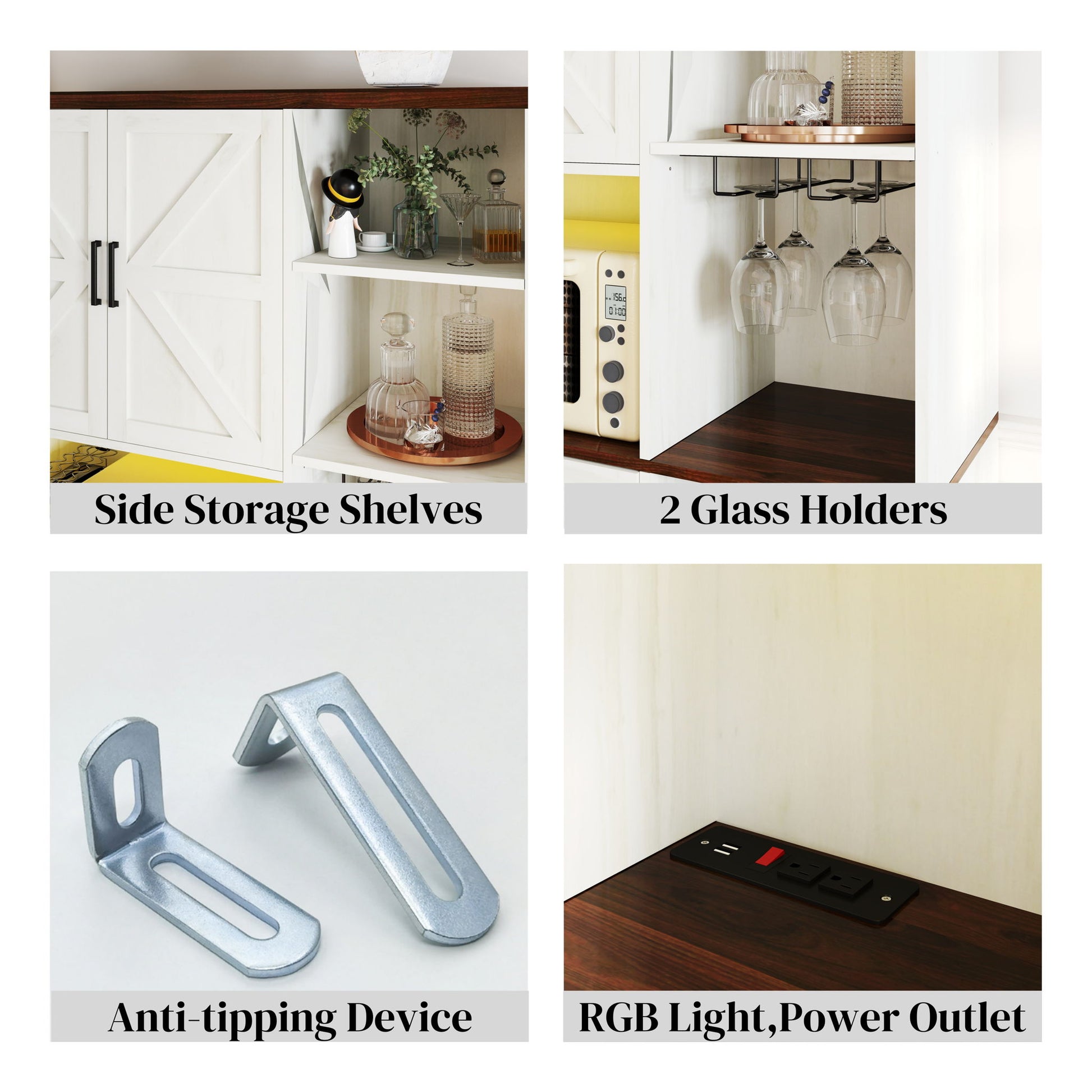 Farmhouse Kitchen Pantry Sideboard With Cabinet And Drawer, Multi Functional Kitchen Buffet With Hutch And Glass Holder, Microwave Stand With Charging Station - Brown / Antique White - Best Buy Furniture