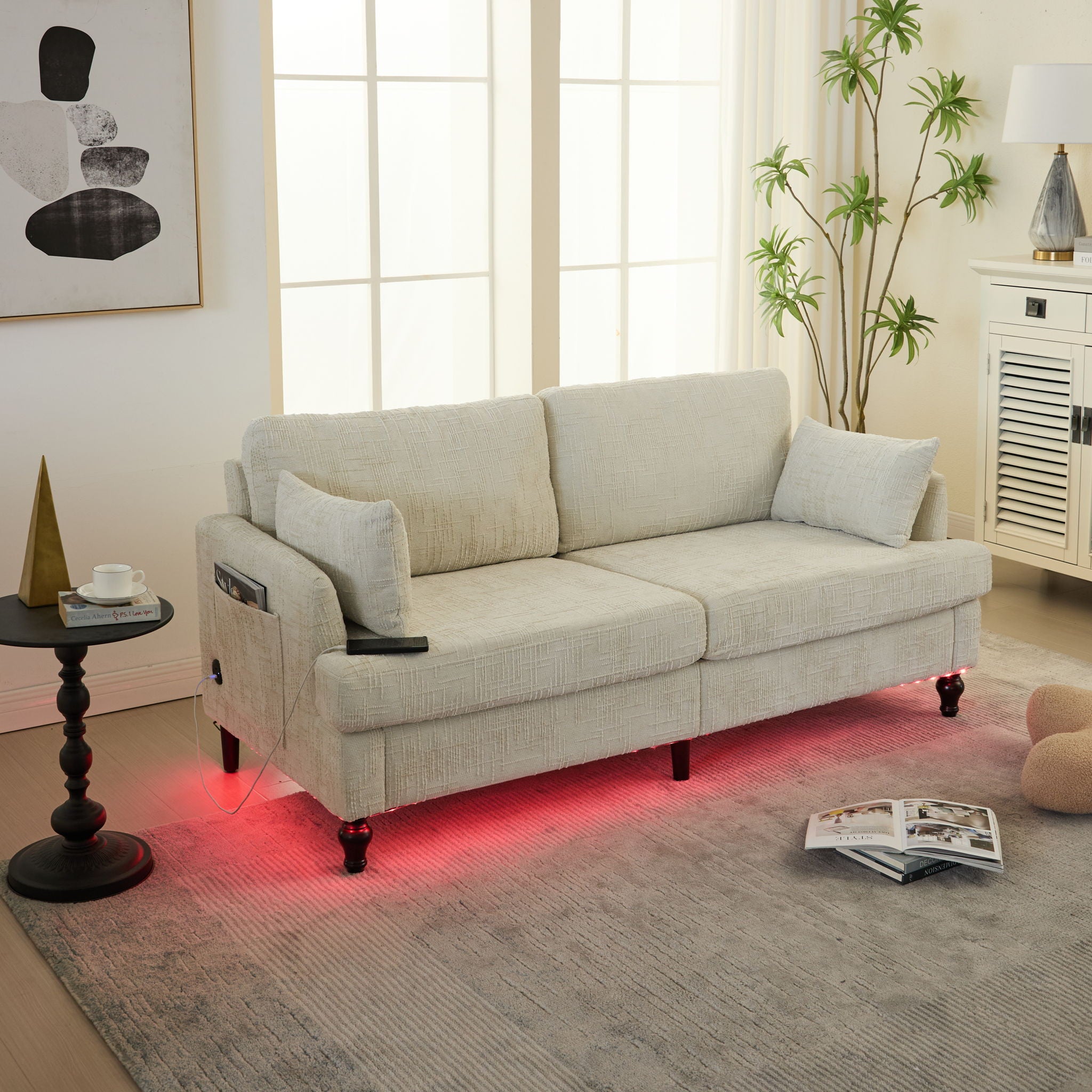 Chenille 2 Seater Sofa With LED Light, USB Charging Port, And Storage Bag - Best Buy Furniture