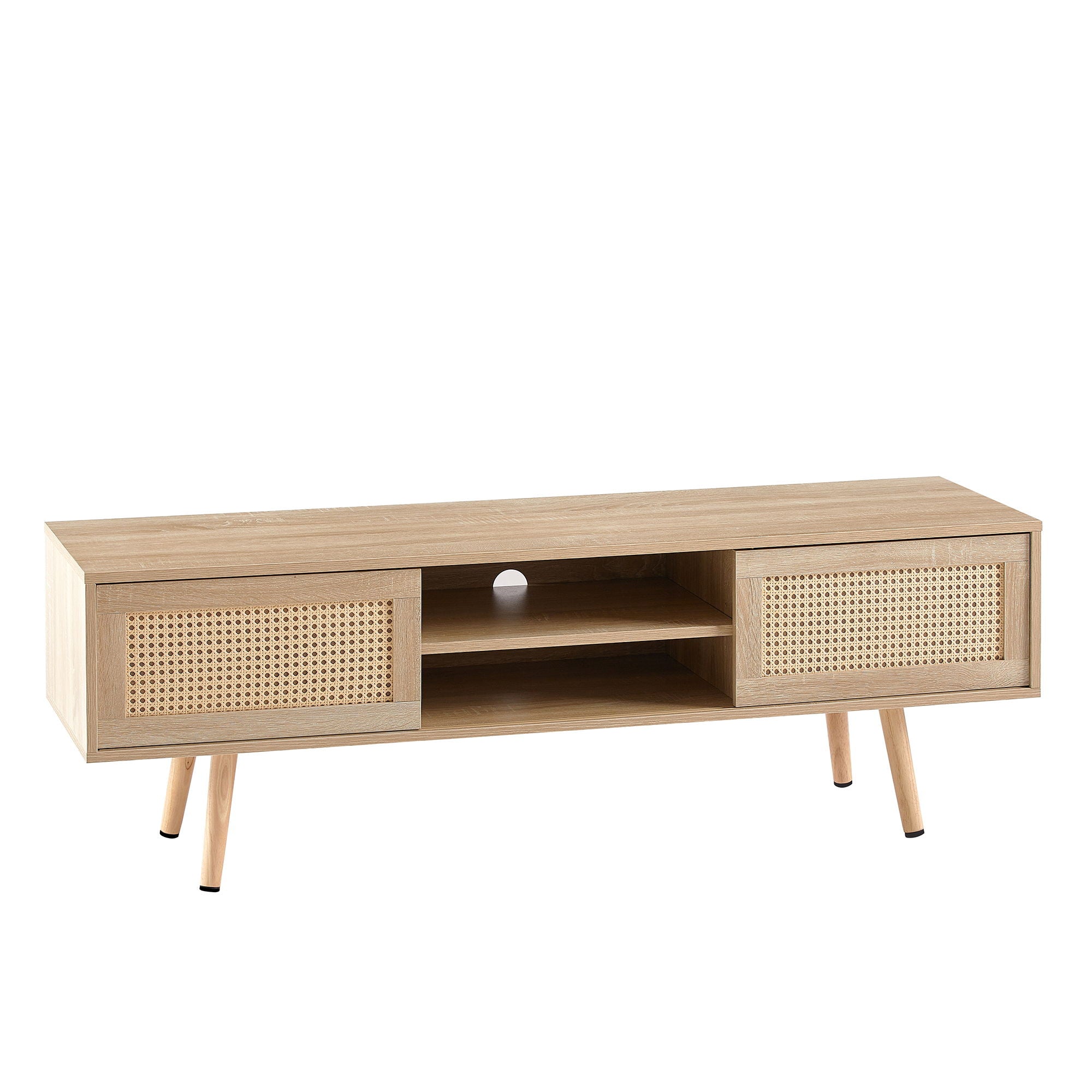 55.12" Rattan TV Cabinet, Double Sliding Doors For Storage, Adjustable Shelf, Solid Wood Legs, TV Console For Living Room - Best Buy Furniture