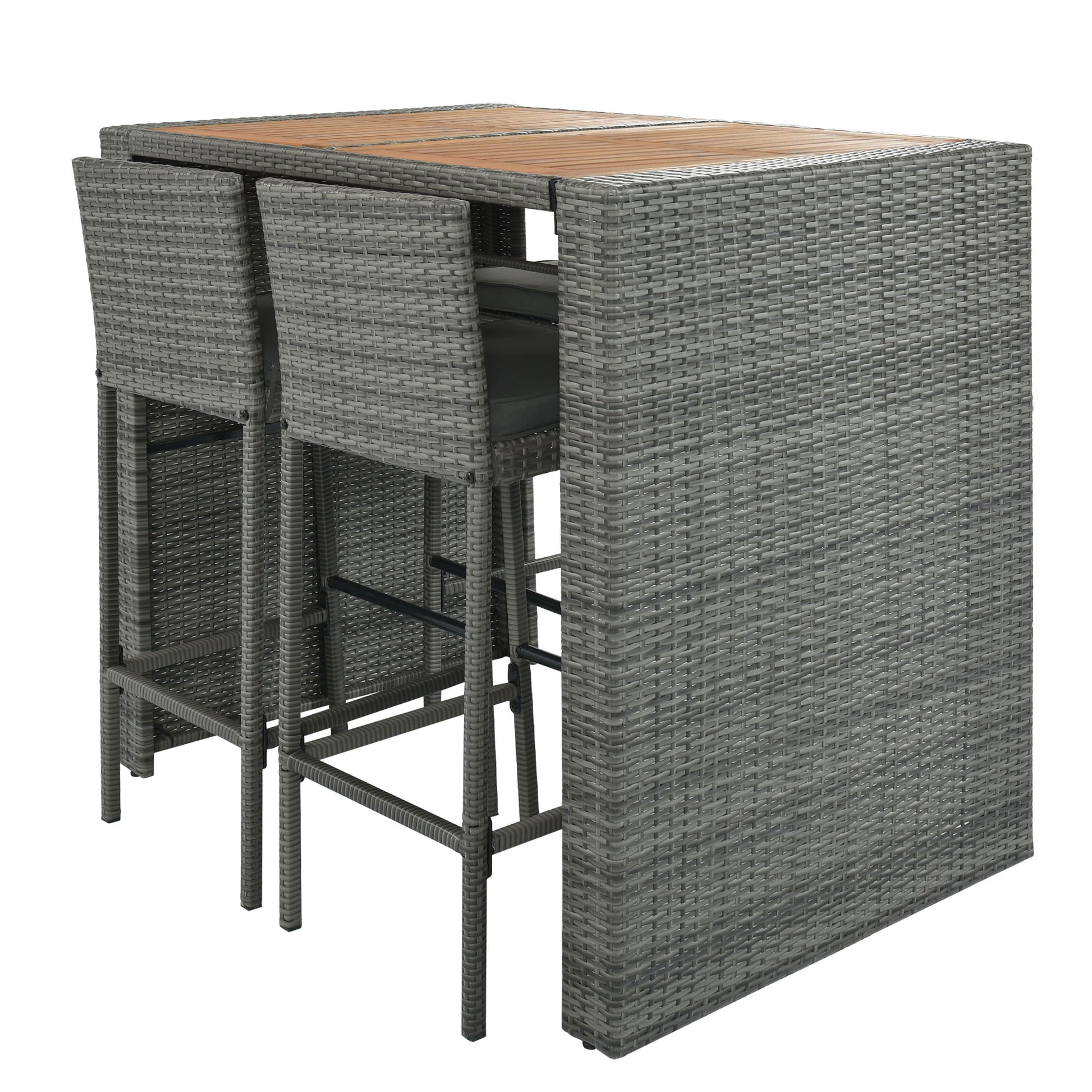 5 Pieces Outdoor Patio Wicker Bar Set, Bar Height Chairs With Non-Slip Feet And Fixed Rope, Removable Cushion, Acacia Wood Table Top - Brown / Gray - Best Buy Furniture