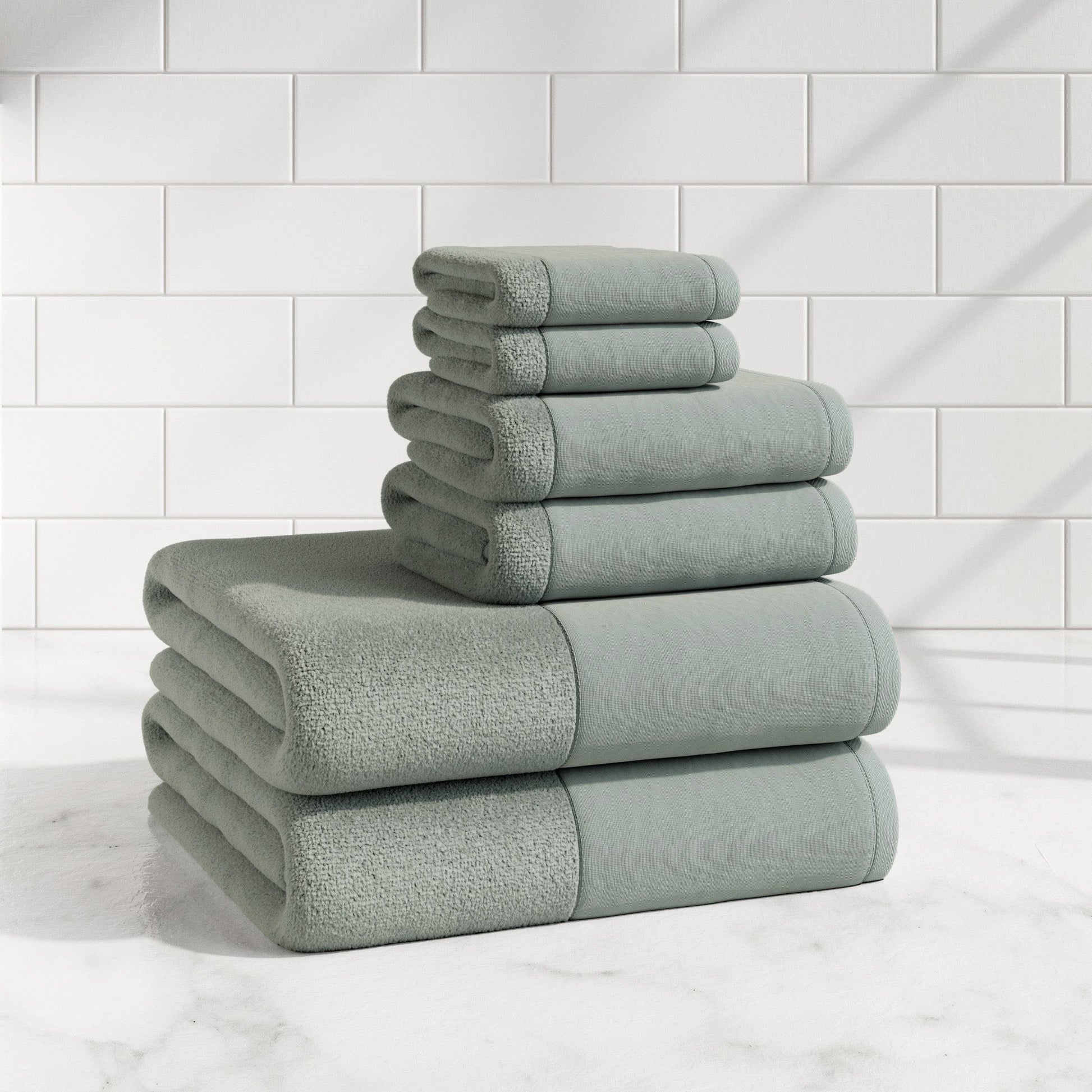 Cotton Linen-Like Border 6-Piece Towel Set - Priya Collection - Best Buy Furniture