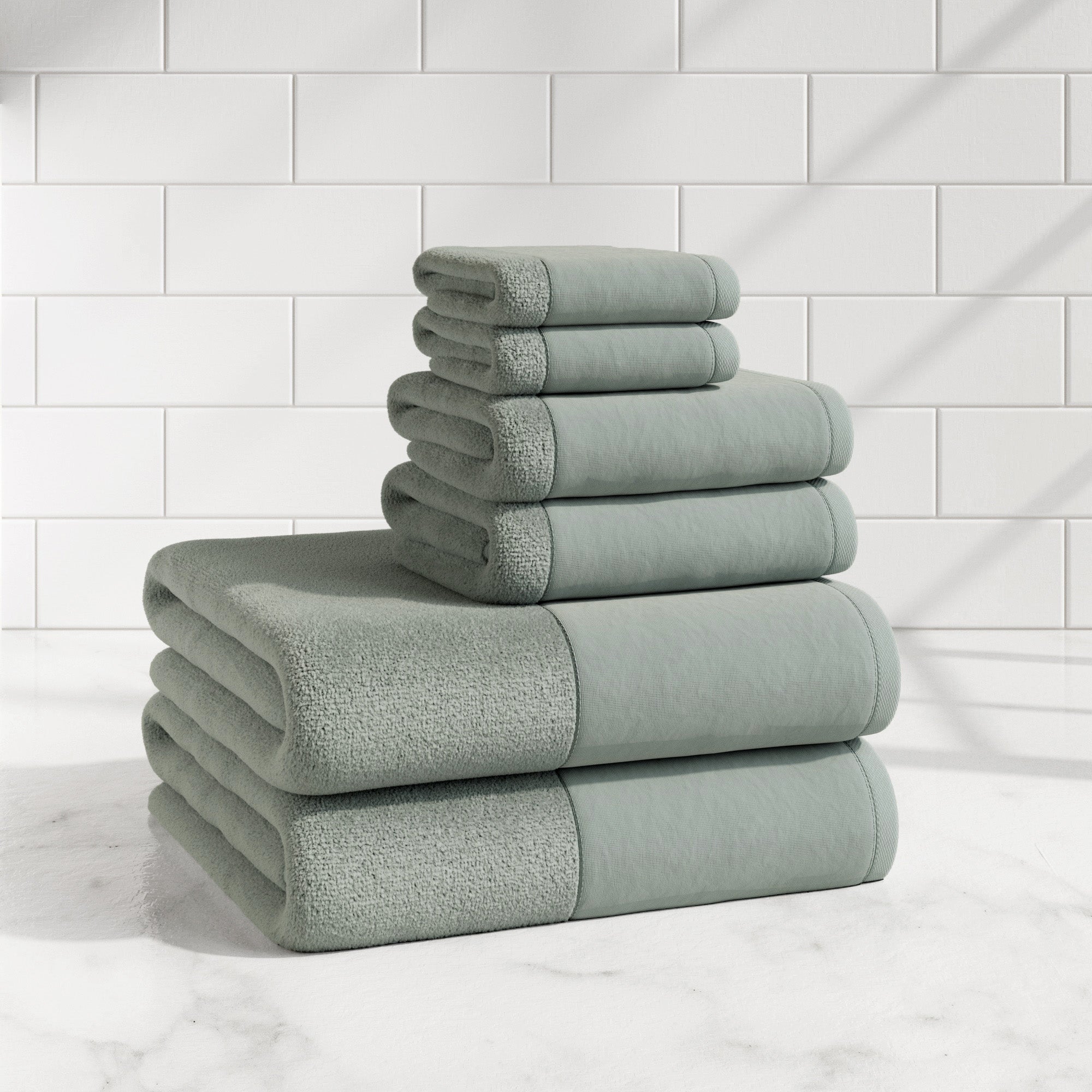 Cotton Linen-Like Border 6-Piece Towel Set - Priya Collection - Best Buy Furniture