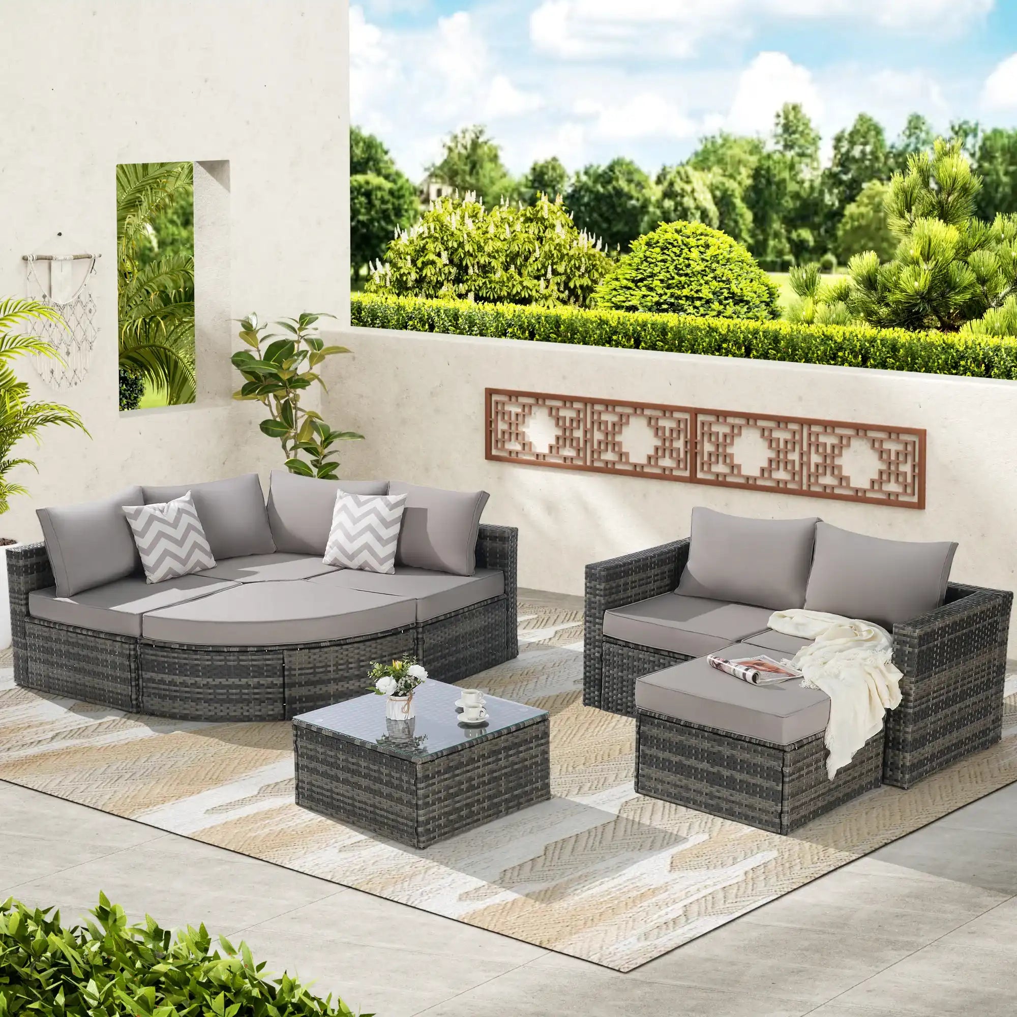 8 Piece L- Shaped Outdoor Patio Sofa Set with Ottoman & Glass Top Table - Best Buy Furniture