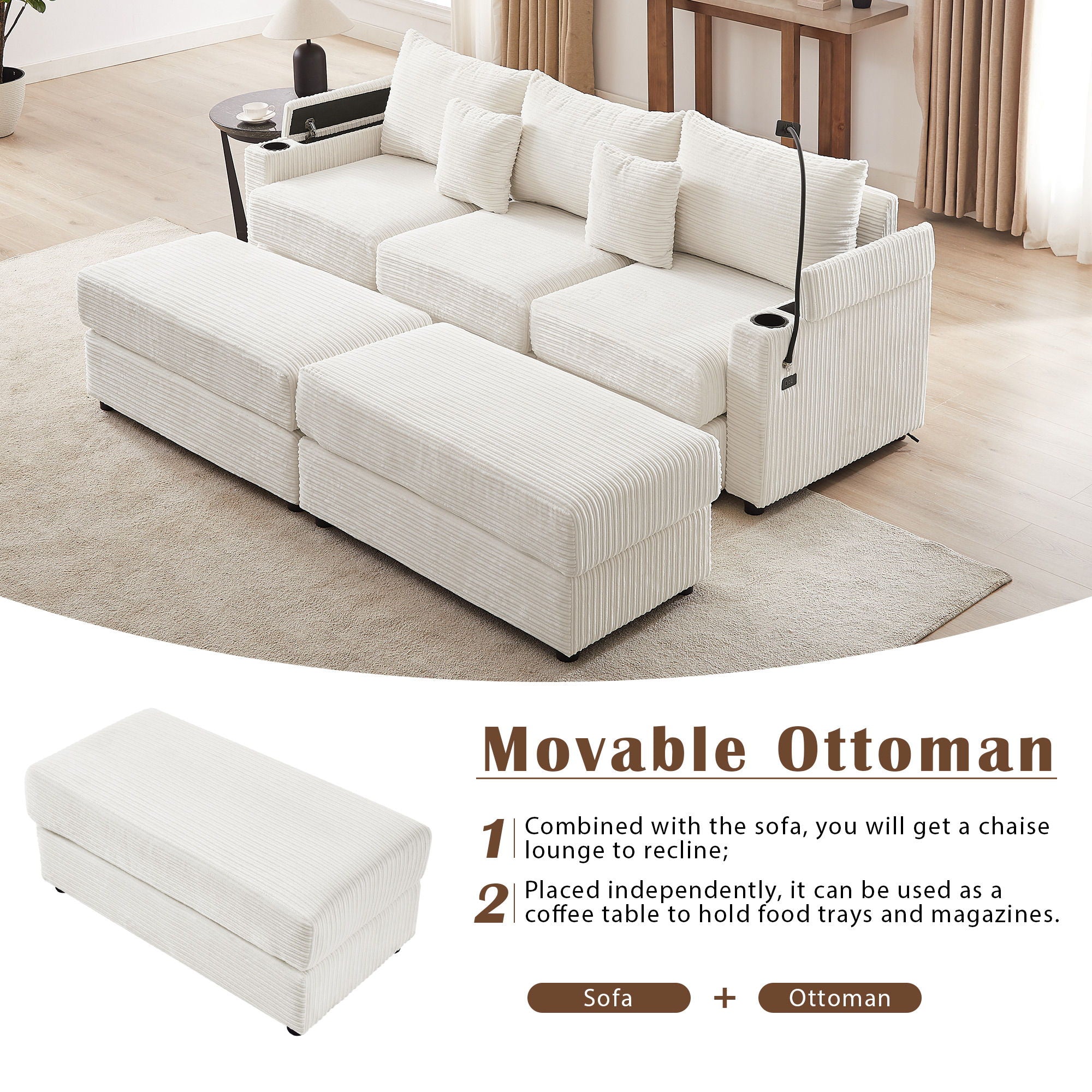 Modern Style Loveseat Sofa Sectional Sofa Couch With Storage Space, A Movable Ottoman, Two USB Ports, Two Cup Holders, A Phone Holder For Living Room - Best Buy Furniture