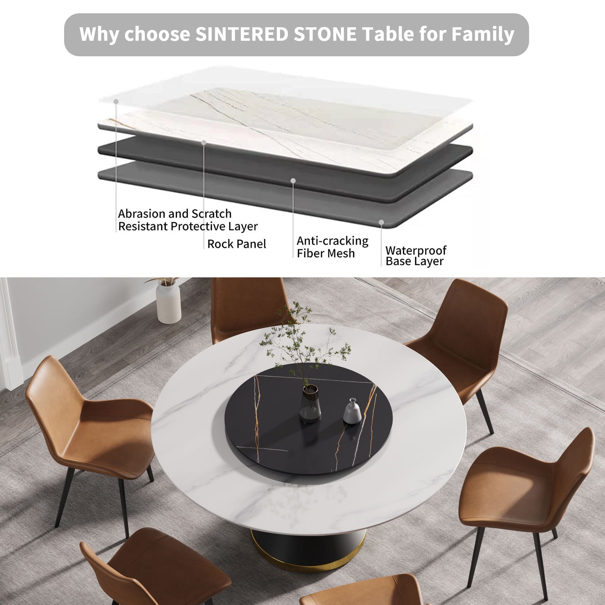 Modern Artificial Stone Round Carbon Steel Base Dining Table, Artificial Stone Turntable - Best Buy Furniture