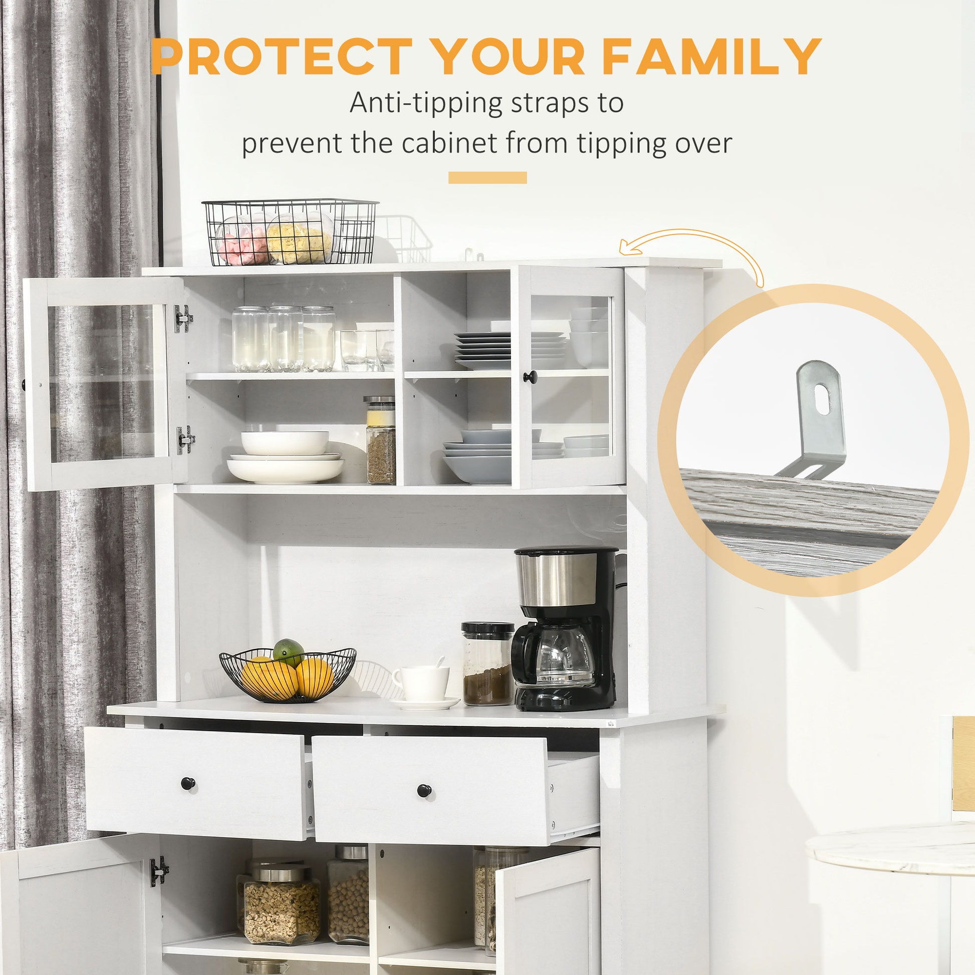 Homcom - 63.5" Kitchen Buffet With Hutch, Pantry Storage Cabinet With 4 Shelves, Drawers, Framed Glass Doors, Open Microwave Countertop - Antique White - Best Buy Furniture