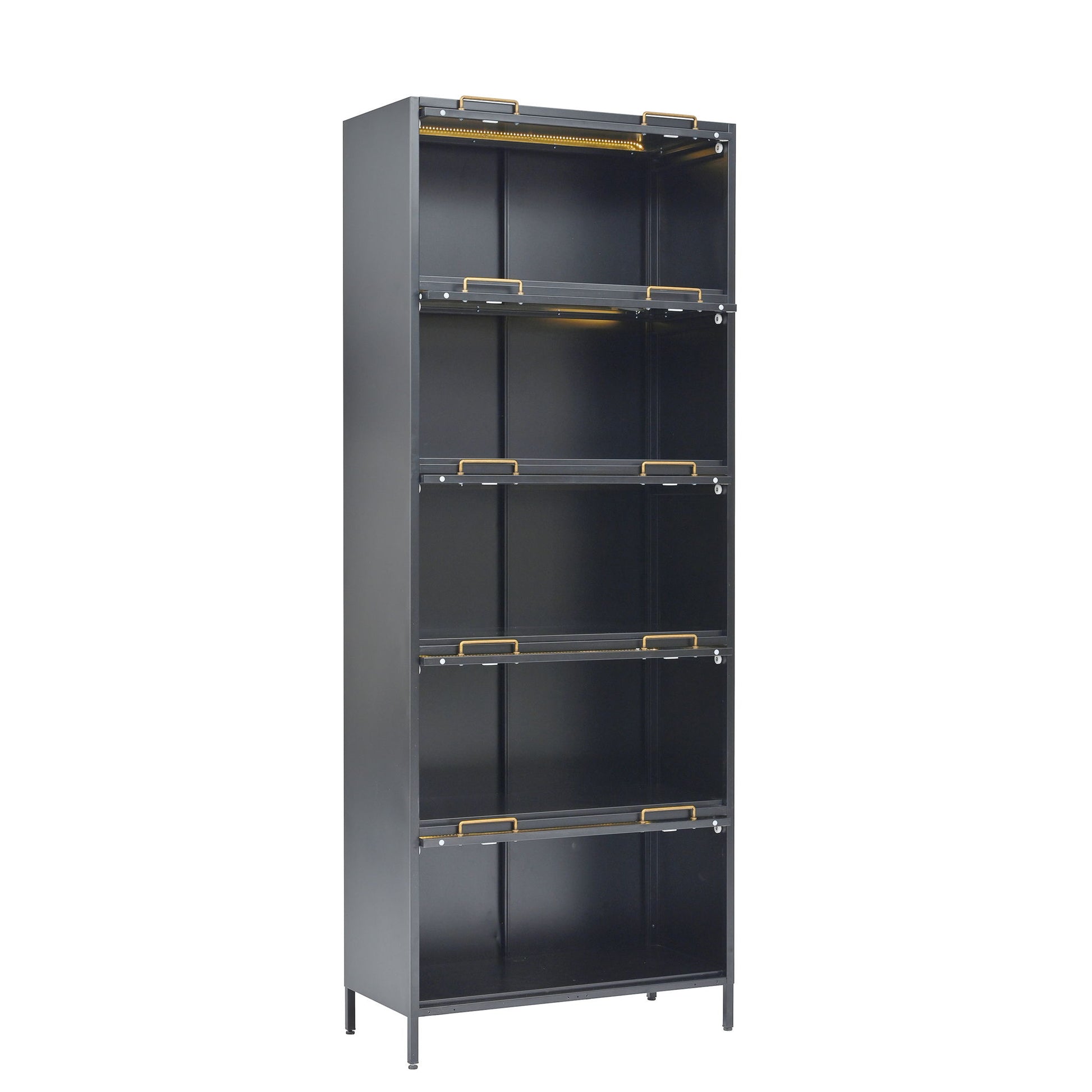 Modern Steel Display Cabinet With Glass Doors And LED Lights, 5 Tier Steel Barrister Bookcase For Home Or Office - Black - Best Buy Furniture
