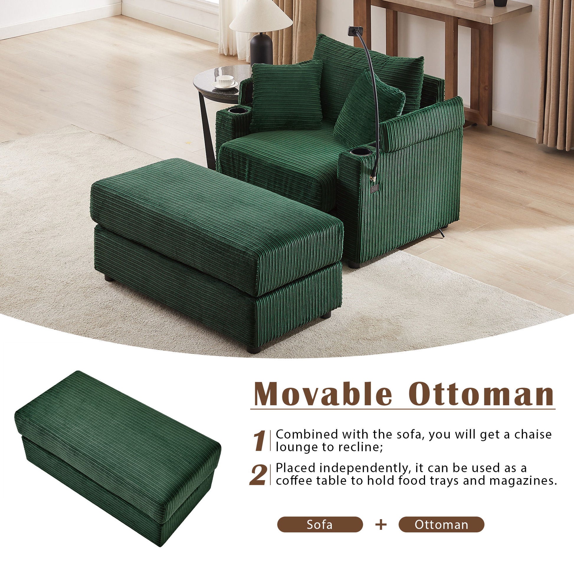 Modern Style Loveseat Sofa Sectional Sofa Couch With Storage Space, A Movable Ottoman, Two USB Ports, Two Cup Holders, A Phone Holder For Living Room - Best Buy Furniture