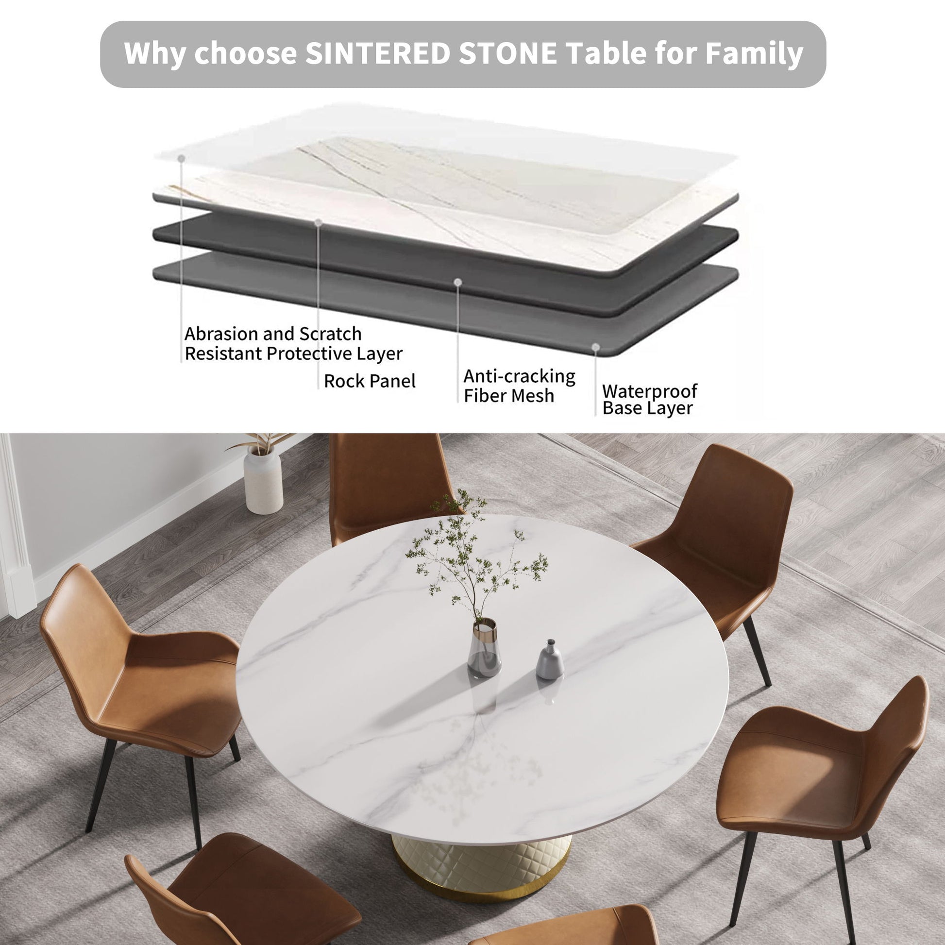 Modern Artificial Stone Round Carbon Steel Base Dining Table, Can Accommodate 6 People - Best Buy Furniture