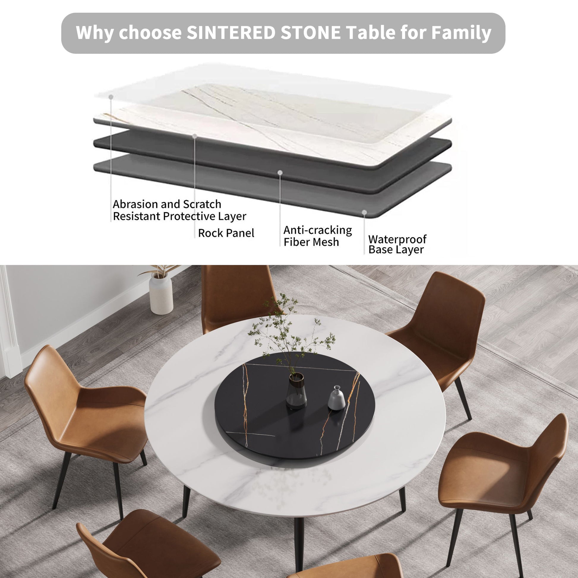 Modern Artificial Stone Round Dining Table, Can Accommodate 6 People Artificial Stone Turntable - Best Buy Furniture