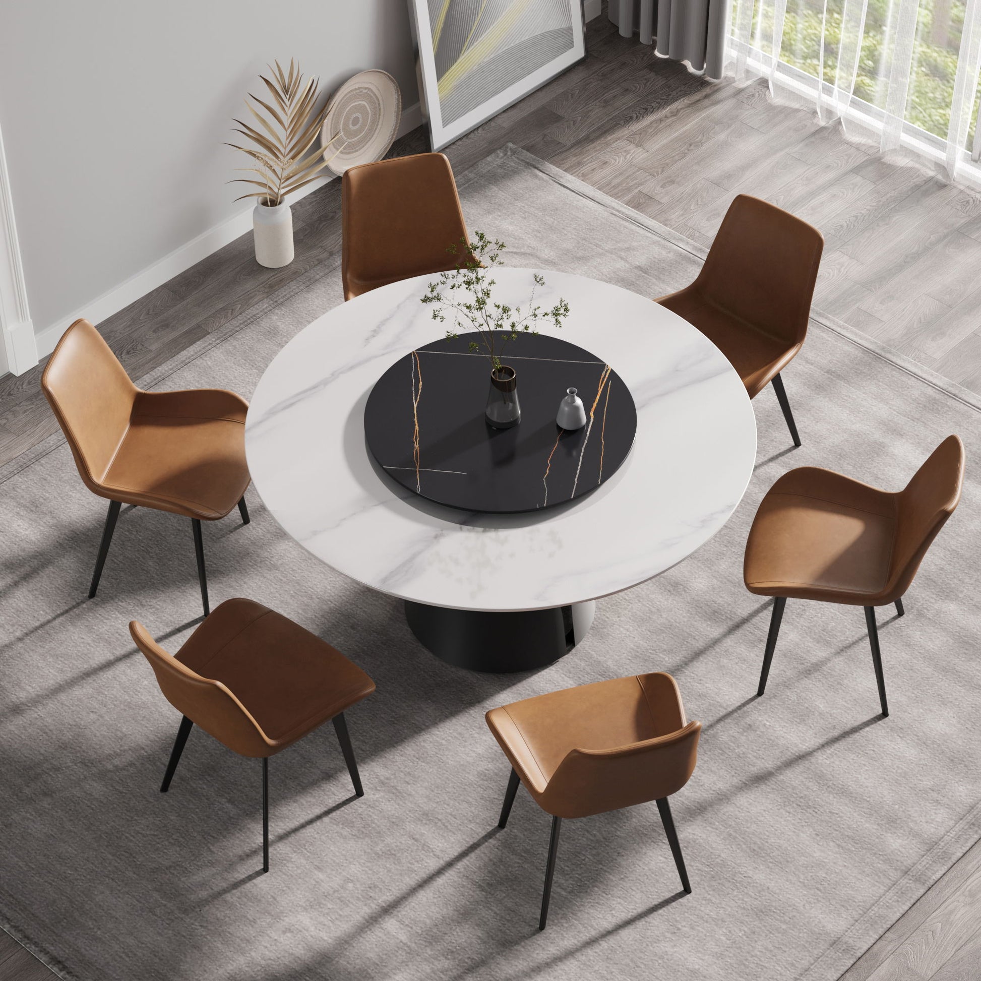 Modern Artificial Stone Round Carbon Steel Base Dining Table, Can Accommodate 6 People, Black Artificial Stone Turntable - Best Buy Furniture