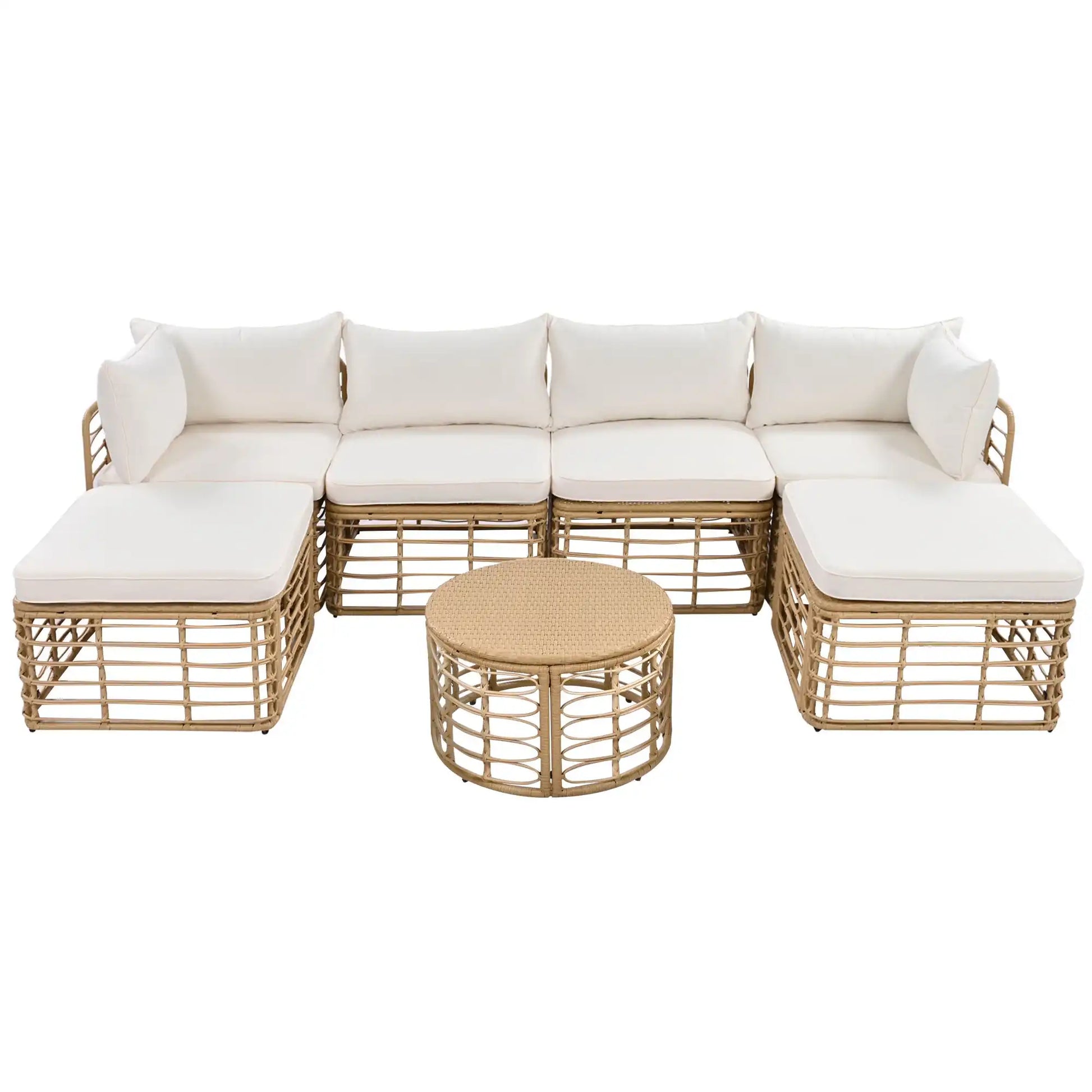 7 Piece Rattan Sectional Sofa Set, Outdoor Patio Furniture, Beige - Best Buy Furniture