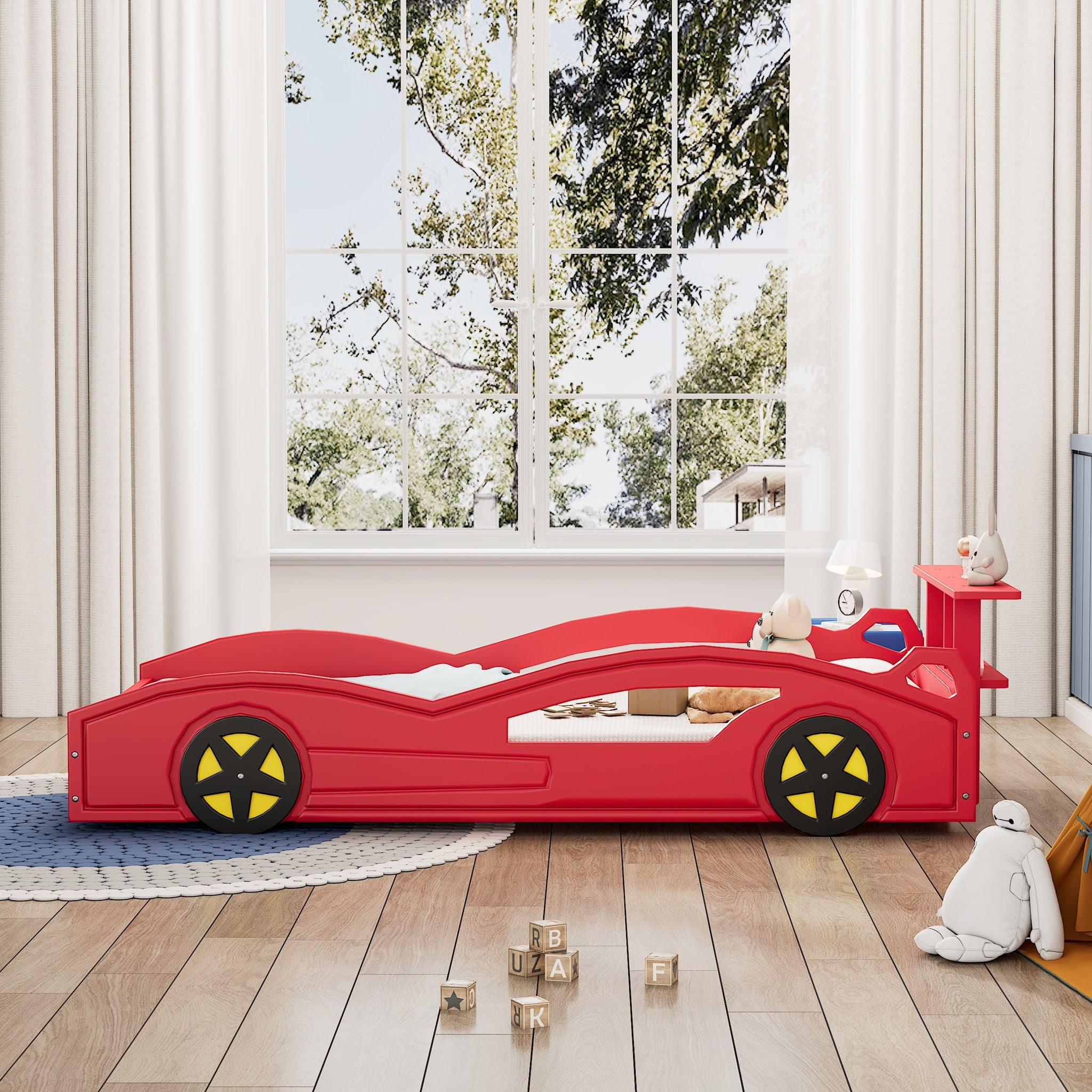 Wooden Race Car Bed, Car Shaped Platform Twin Bed With Wheels For Teens - Best Buy Furniture
